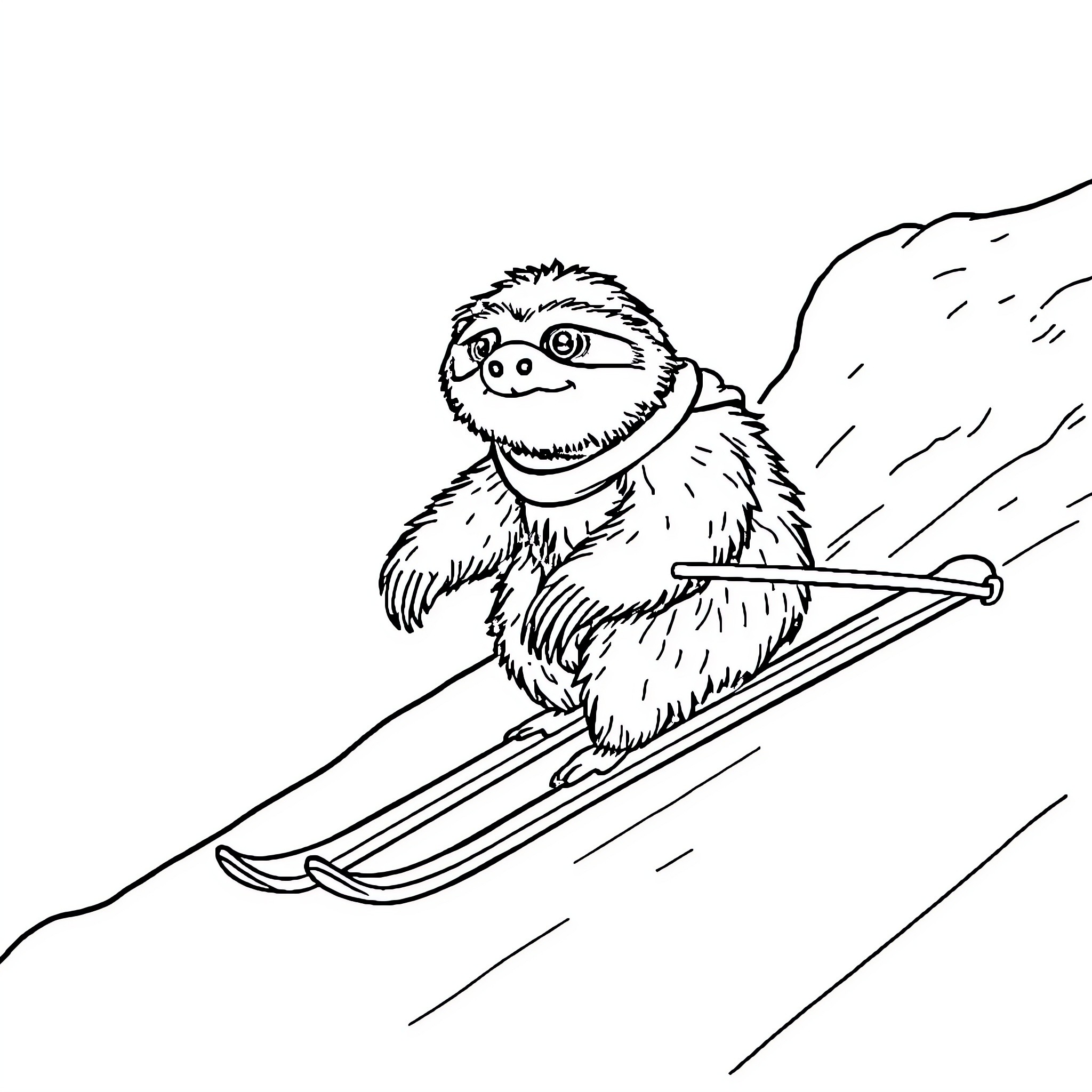 Sloth gliding down snowy slope on skis Coloring Page (free black-and-white line drawing printable PDF for all, from beginners to advanced learners, including children, teens, adults, and seniors)