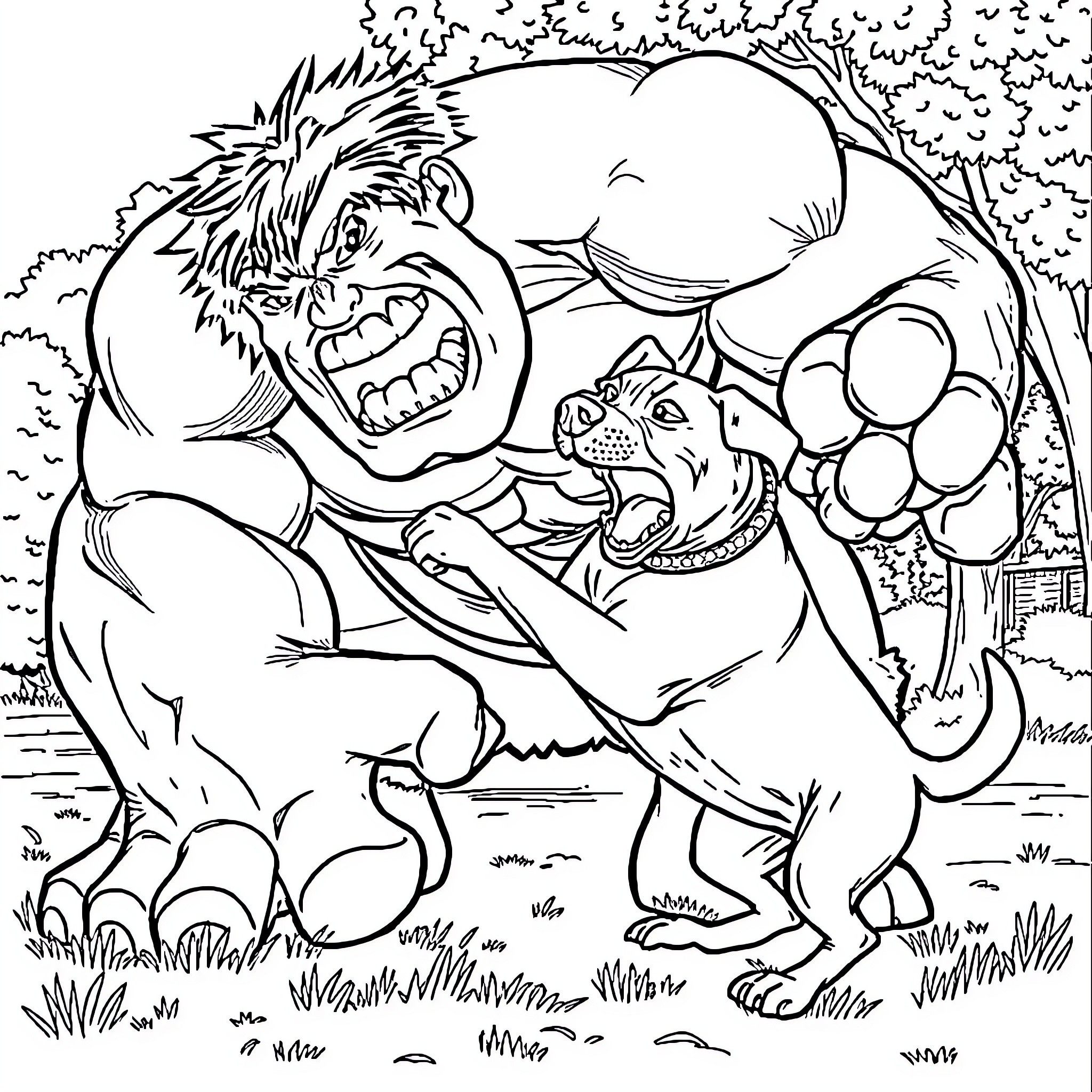 Dog wrestling playfully with its companion Coloring Page (free black-and-white line drawing printable PDF for all, from beginners to advanced learners, including children, teens, adults, and seniors)