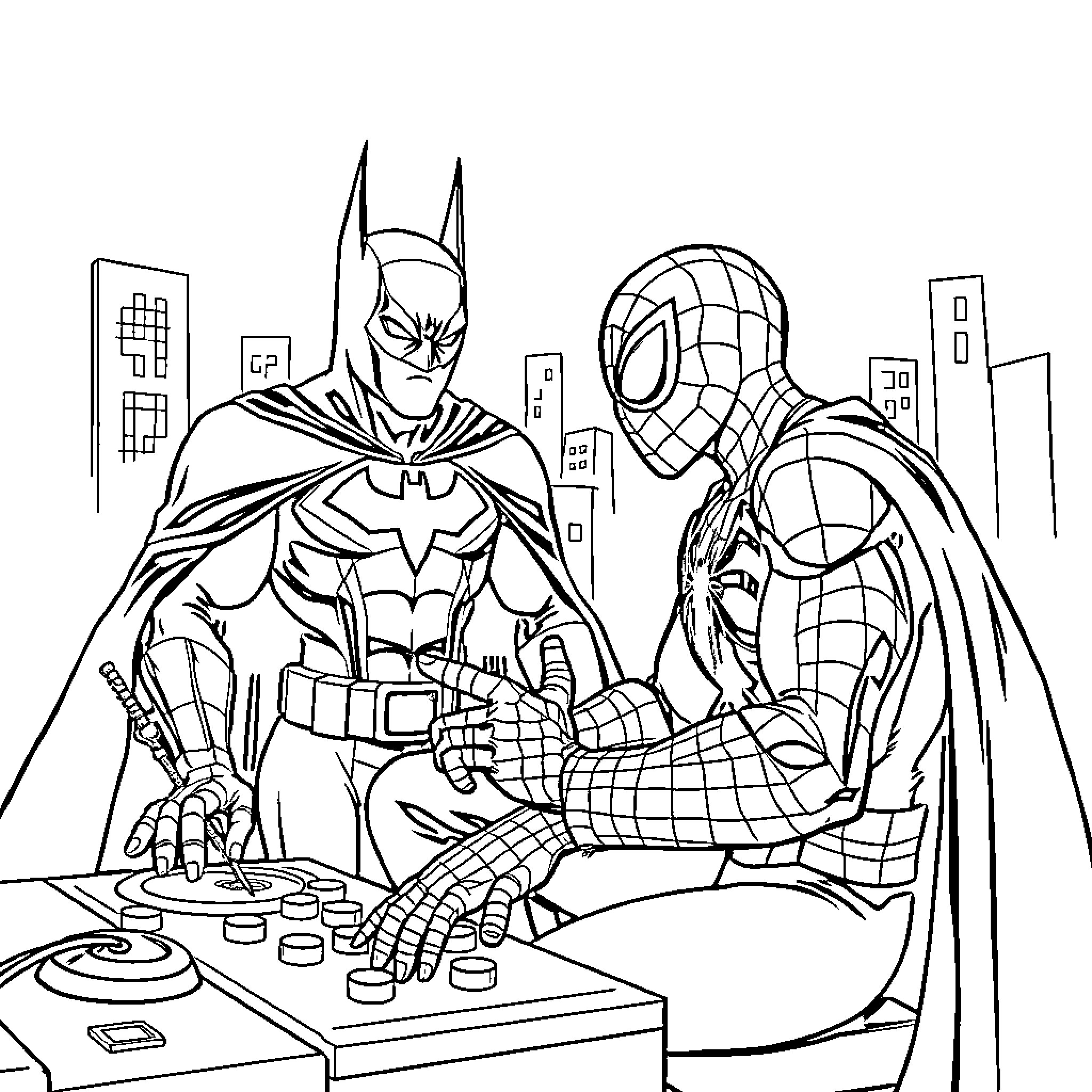 Spiderman and Batman working together in the city Coloring Page (free black-and-white line drawing printable PDF for all, from beginners to advanced learners, including children, teens, adults, and seniors)