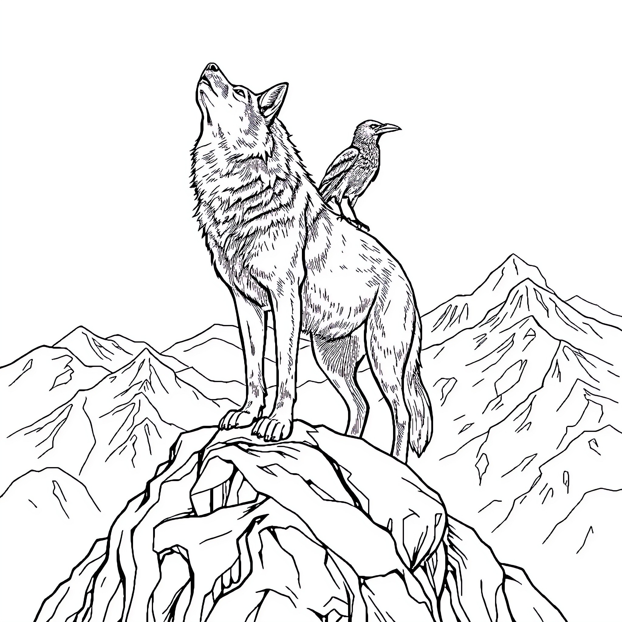 Wolf howling atop a mountain ridge with a bird Coloring Page (free black-and-white line drawing printable PDF for all, from beginners to advanced learners, including children, teens, adults, and seniors)