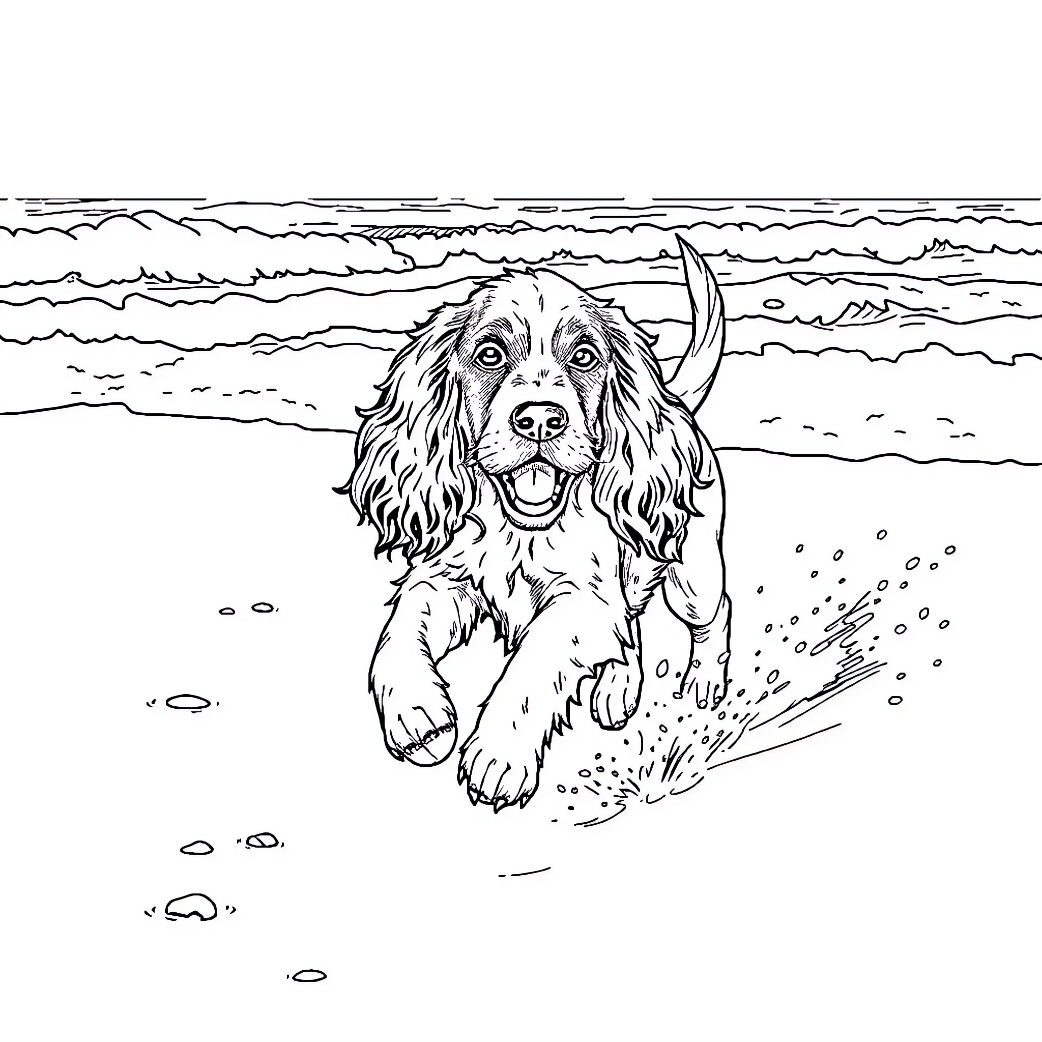 Cocker Spaniel Joyfully Splashing in the Waves Coloring Page (free black-and-white line drawing printable PDF for all, from beginners to advanced learners, including children, teens, adults, and seniors)