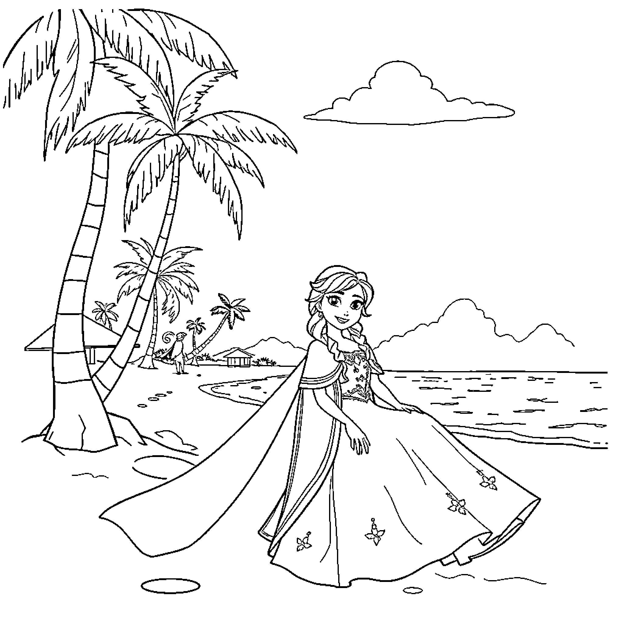 Frozen figure walking along tropical beach Coloring Page (free black-and-white line drawing printable PDF for all, from beginners to advanced learners, including children, teens, adults, and seniors)