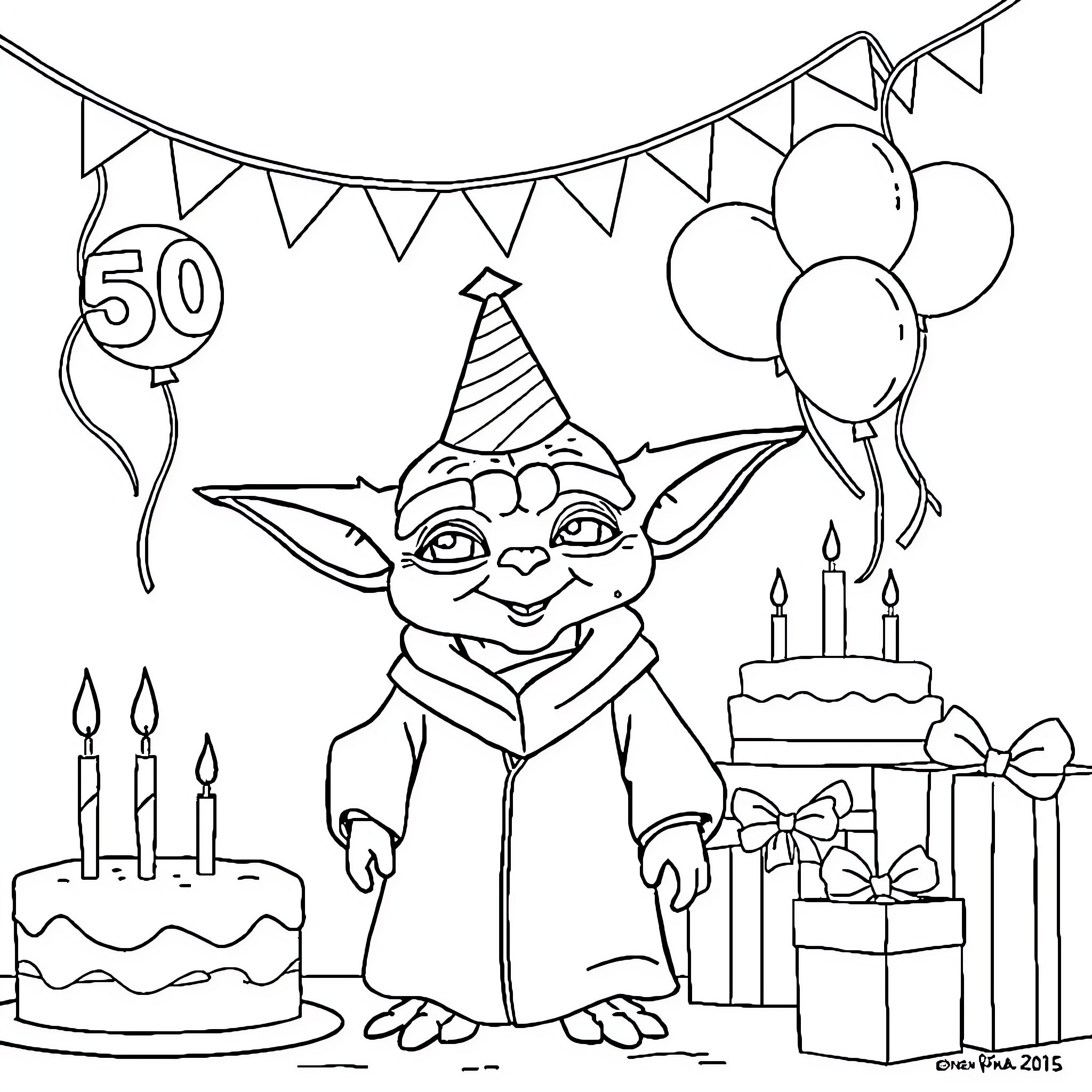 Yoda celebrating his 50th birthday party Coloring Page (free black-and-white line drawing printable PDF for all, from beginners to advanced learners, including children, teens, adults, and seniors)