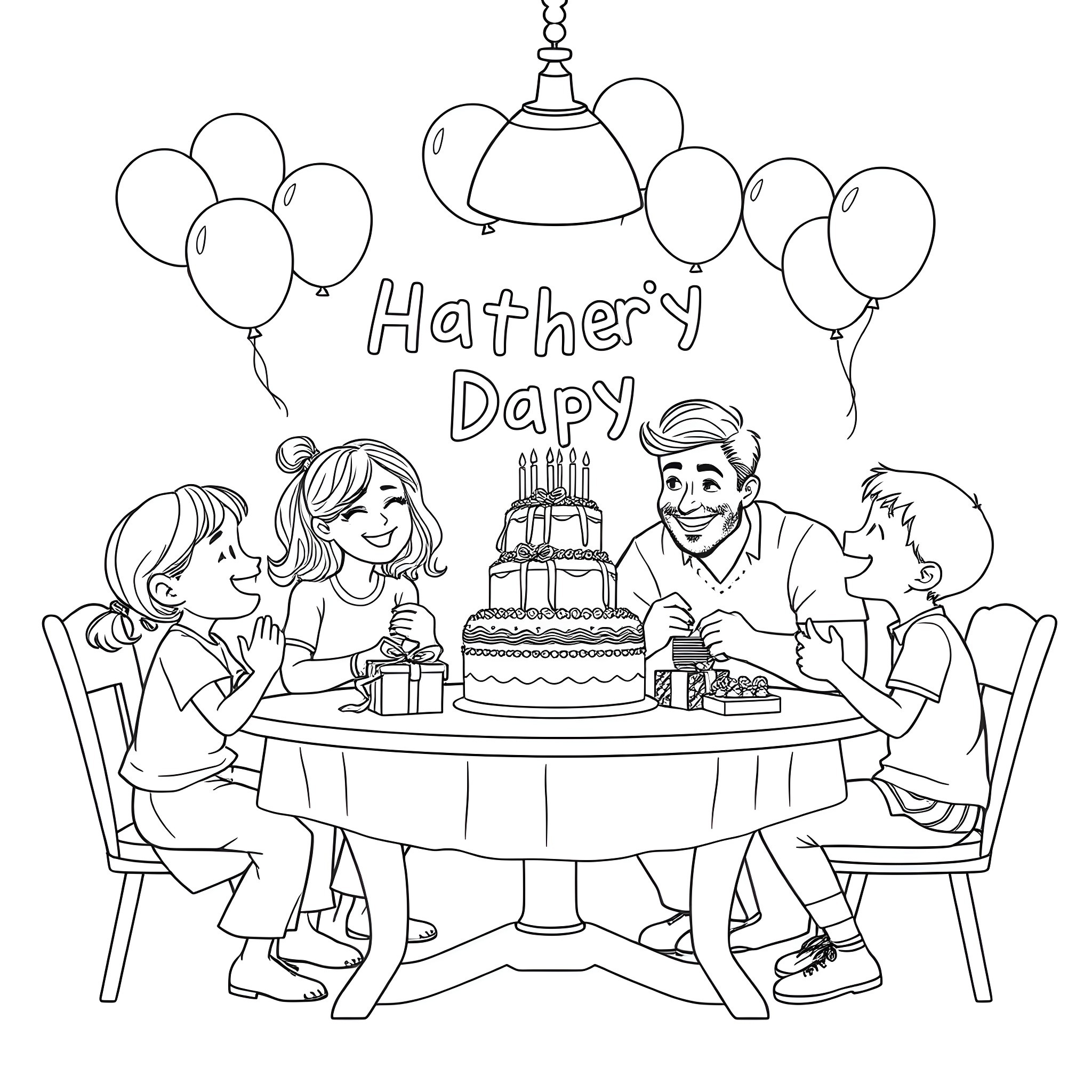 Father's Day Family Celebration with Cake and Balloons Coloring Page (free black-and-white line drawing printable PDF for all, from beginners to advanced learners, including children, teens, adults, and seniors)