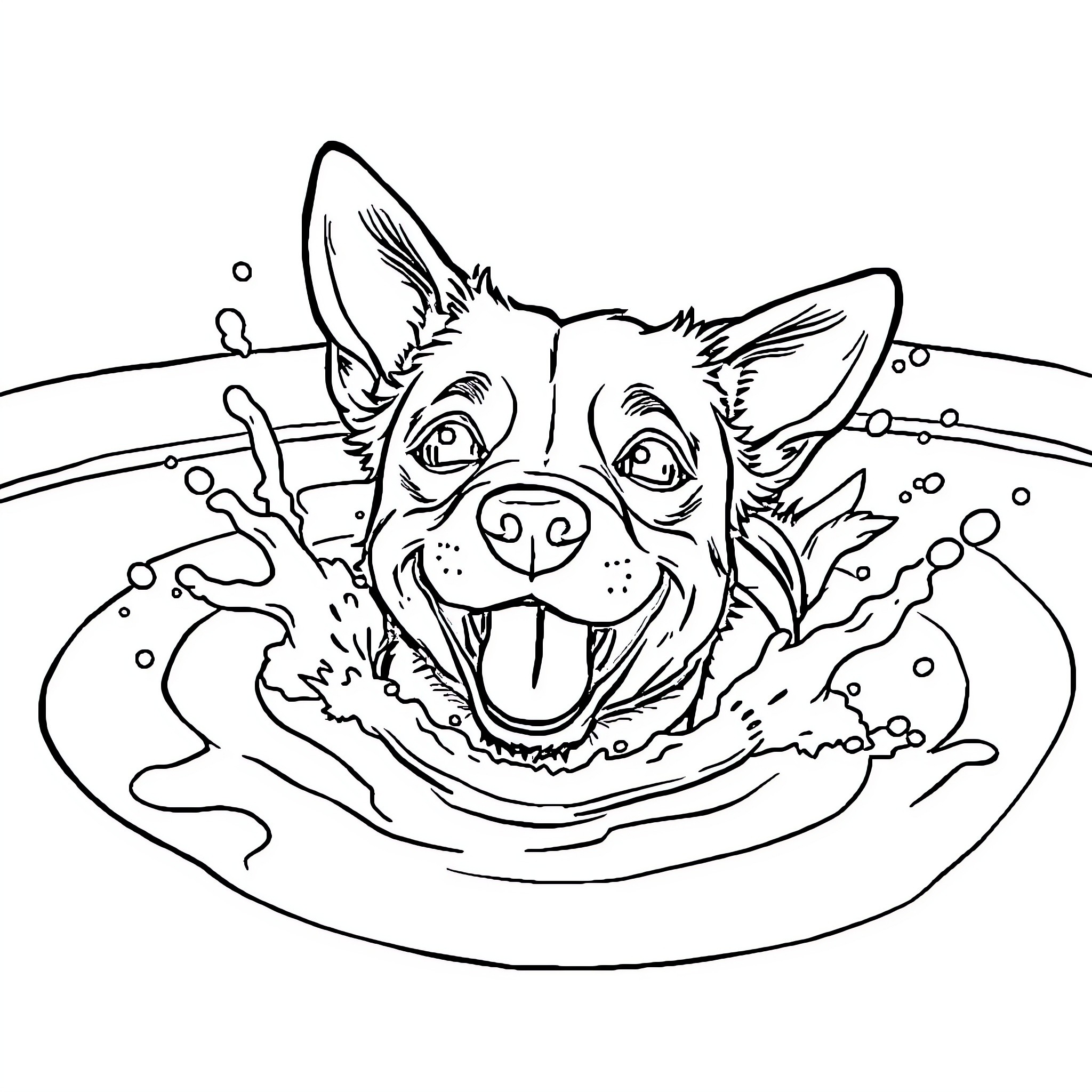 Dog enjoying a playful bath Coloring Page (free black-and-white line drawing printable PDF for all, from beginners to advanced learners, including children, teens, adults, and seniors)