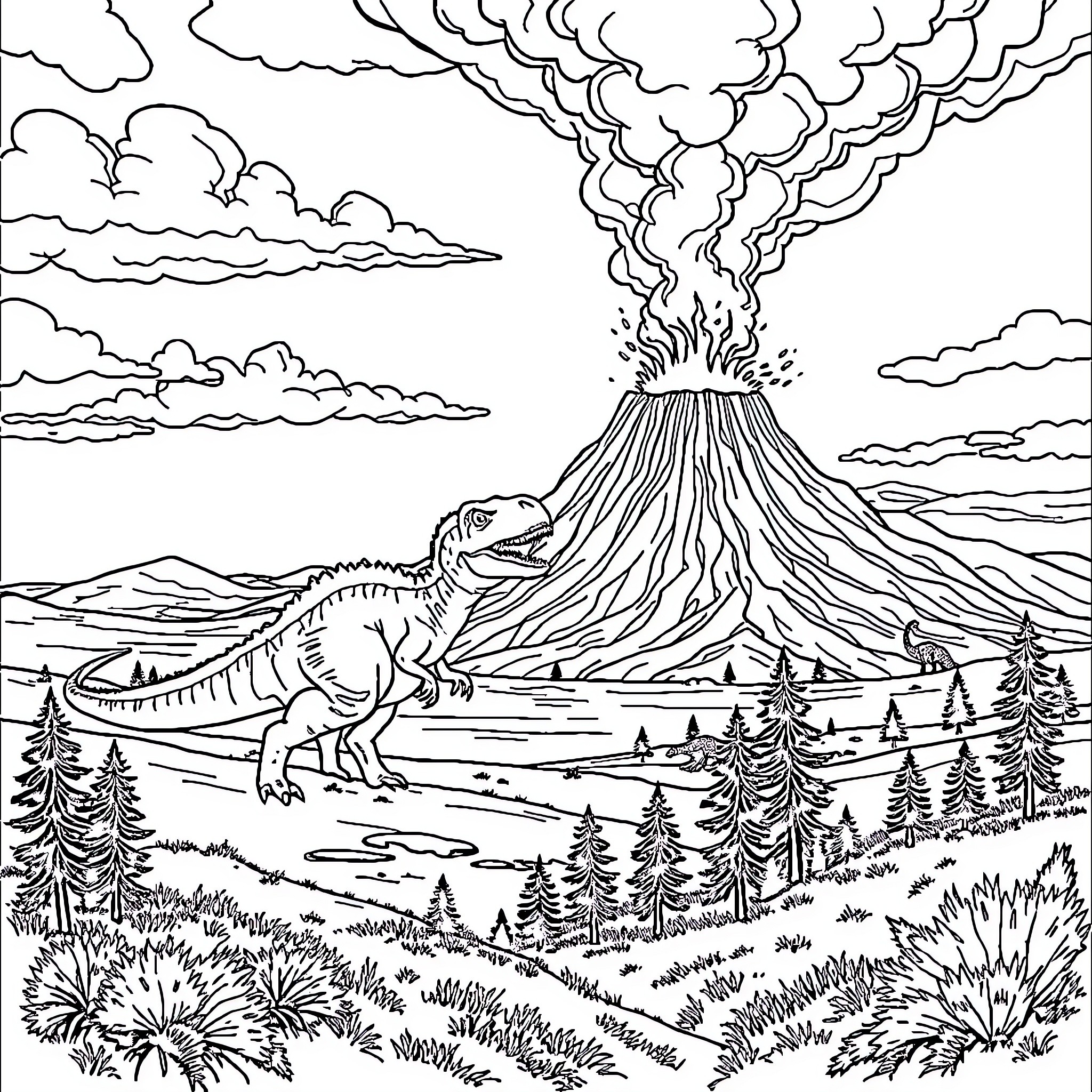 Dinosaur erupting volcano in natural landscape Coloring Page (free black-and-white line drawing printable PDF for all, from beginners to advanced learners, including children, teens, adults, and seniors)