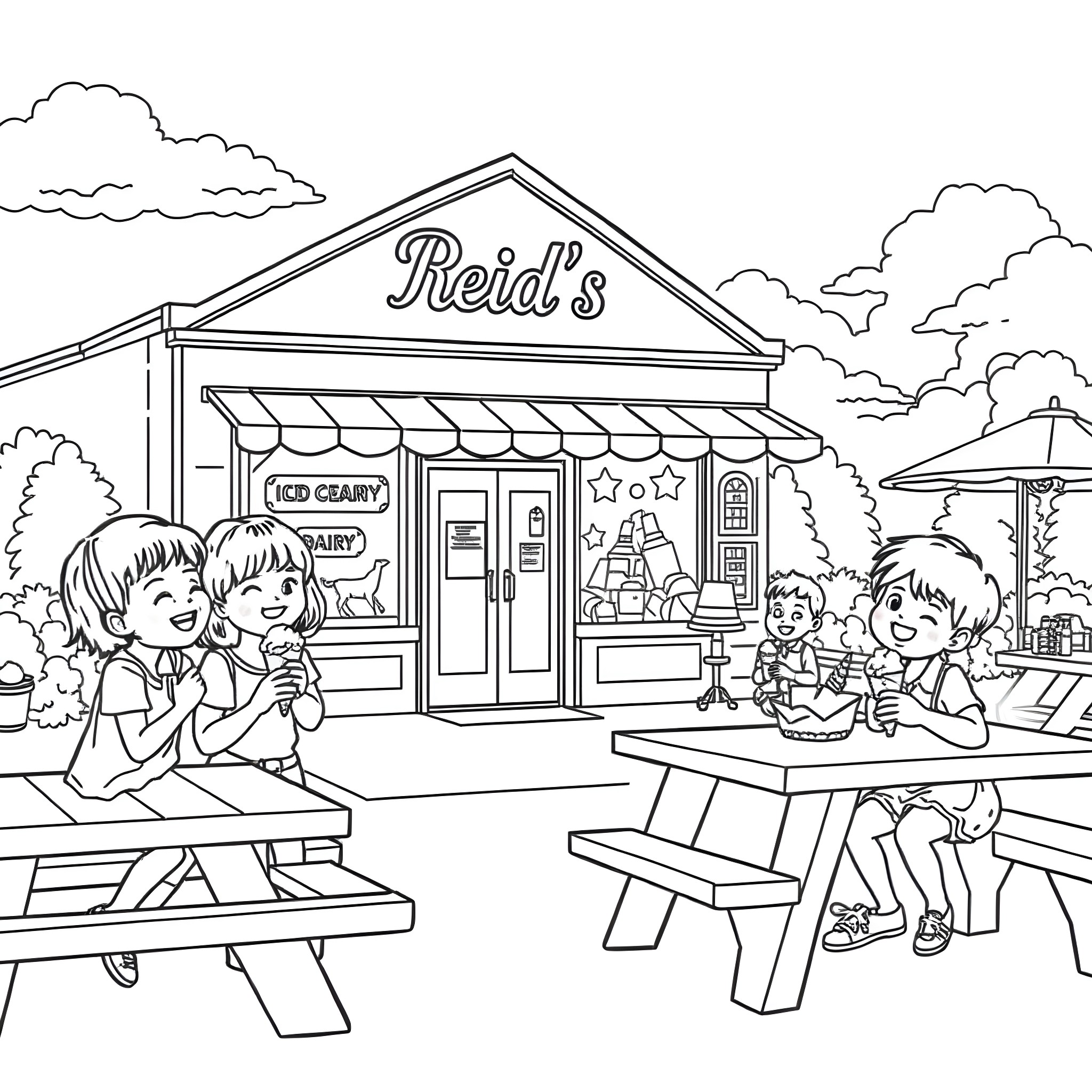 Kid's ice cream outing at Reid's shop Coloring Page (free black-and-white line drawing printable PDF for all, from beginners to advanced learners, including children, teens, adults, and seniors)