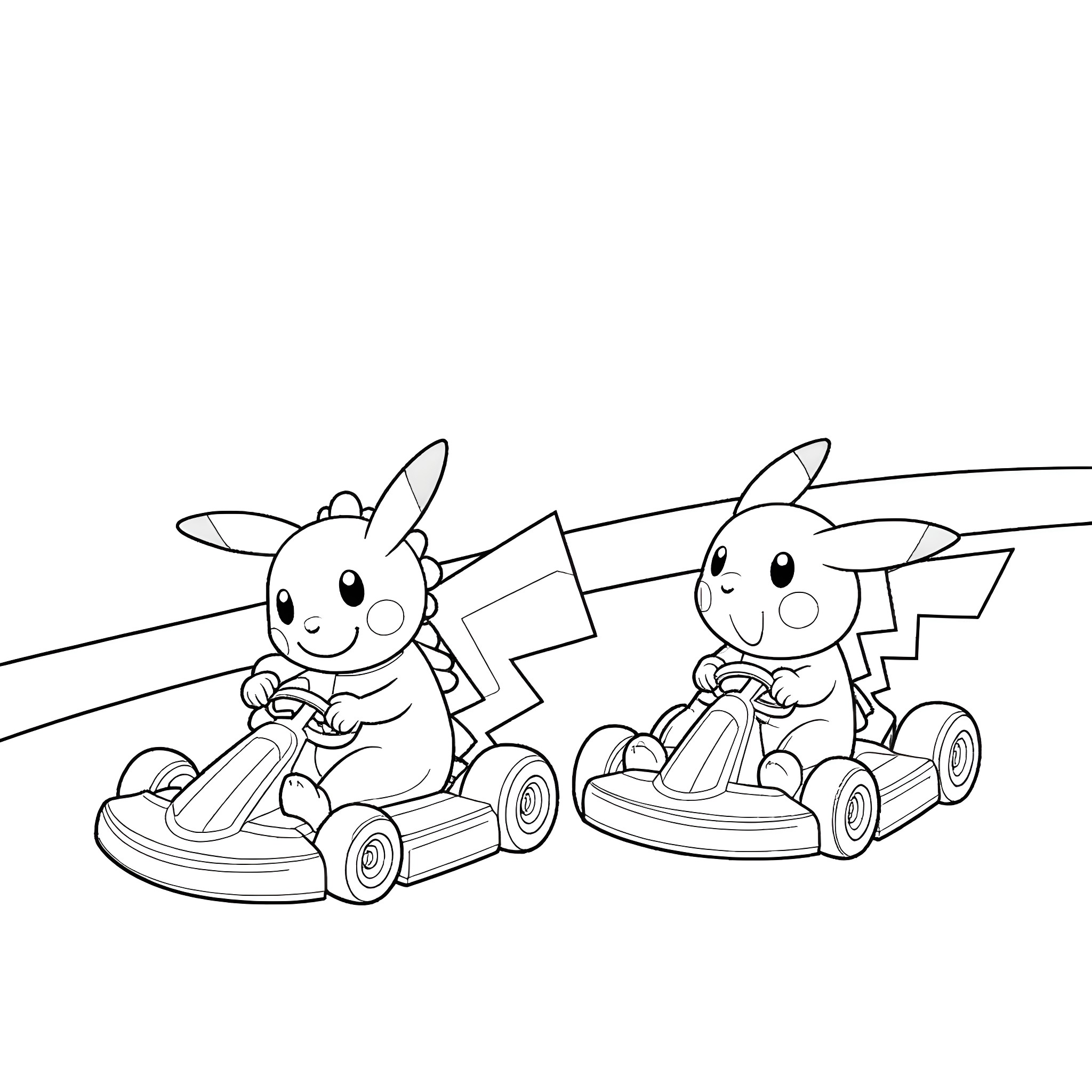 Yoshi racing together in go-karts Coloring Page (free black-and-white line drawing printable PDF for all, from beginners to advanced learners, including children, teens, adults, and seniors)