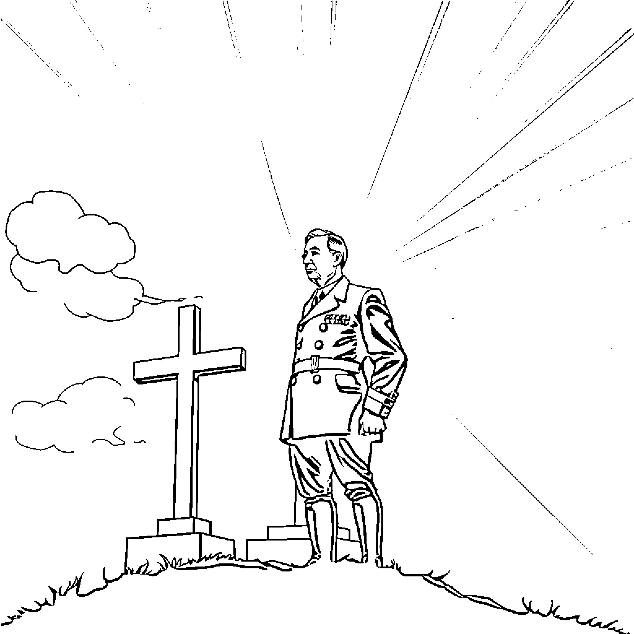 General de Gaulle standing solemnly before a cross Coloring Page (free black-and-white line drawing printable PDF for all, from beginners to advanced learners, including children, teens, adults, and seniors)