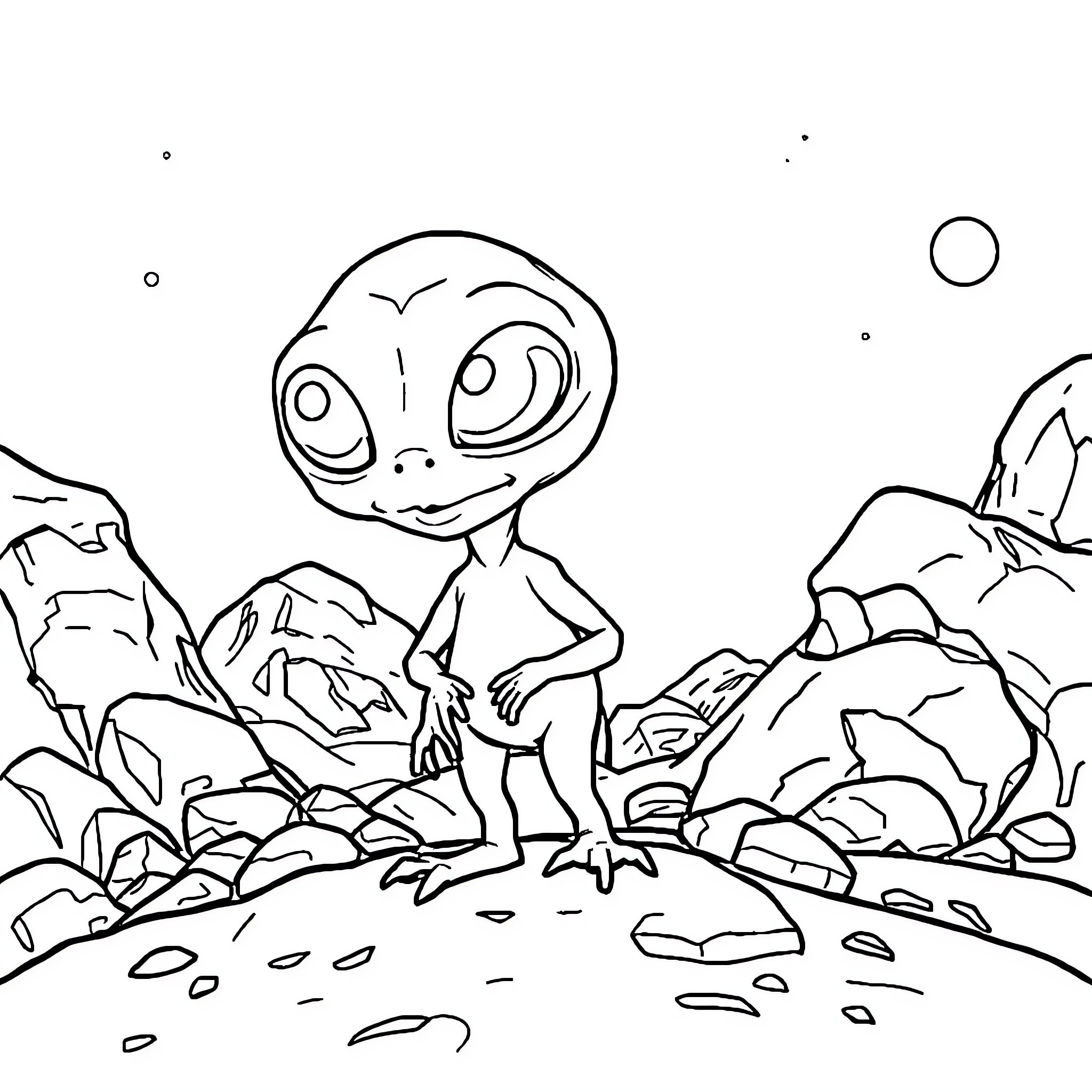 Alien exploring a rocky alien landscape Coloring Page (free black-and-white line drawing printable PDF for all, from beginners to advanced learners, including children, teens, adults, and seniors)