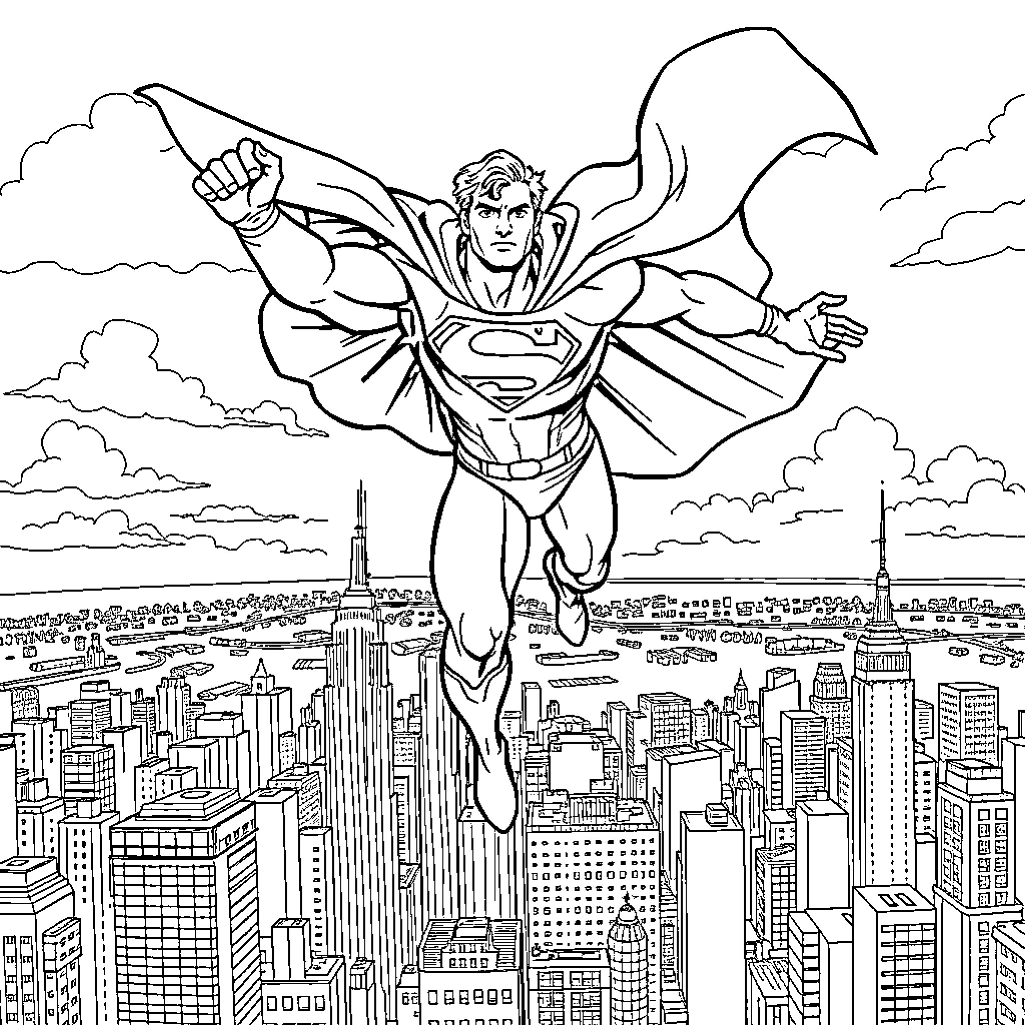 Superman saving the city with heroic action Coloring Page (free black-and-white line drawing printable PDF for all, from beginners to advanced learners, including children, teens, adults, and seniors)