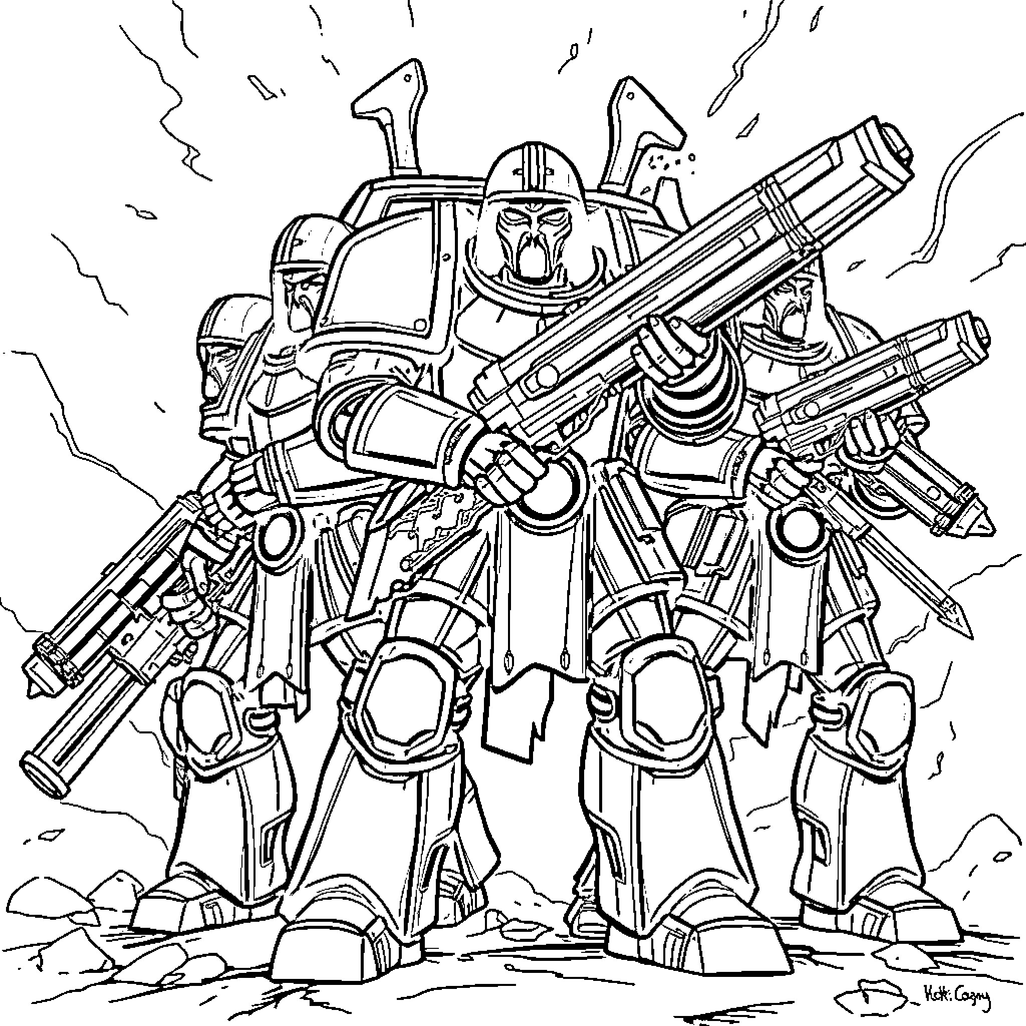Blood Angel Warrior in Iconic Pose with Weapons Coloring Page (free black-and-white line drawing printable PDF for all, from beginners to advanced learners, including children, teens, adults, and seniors)