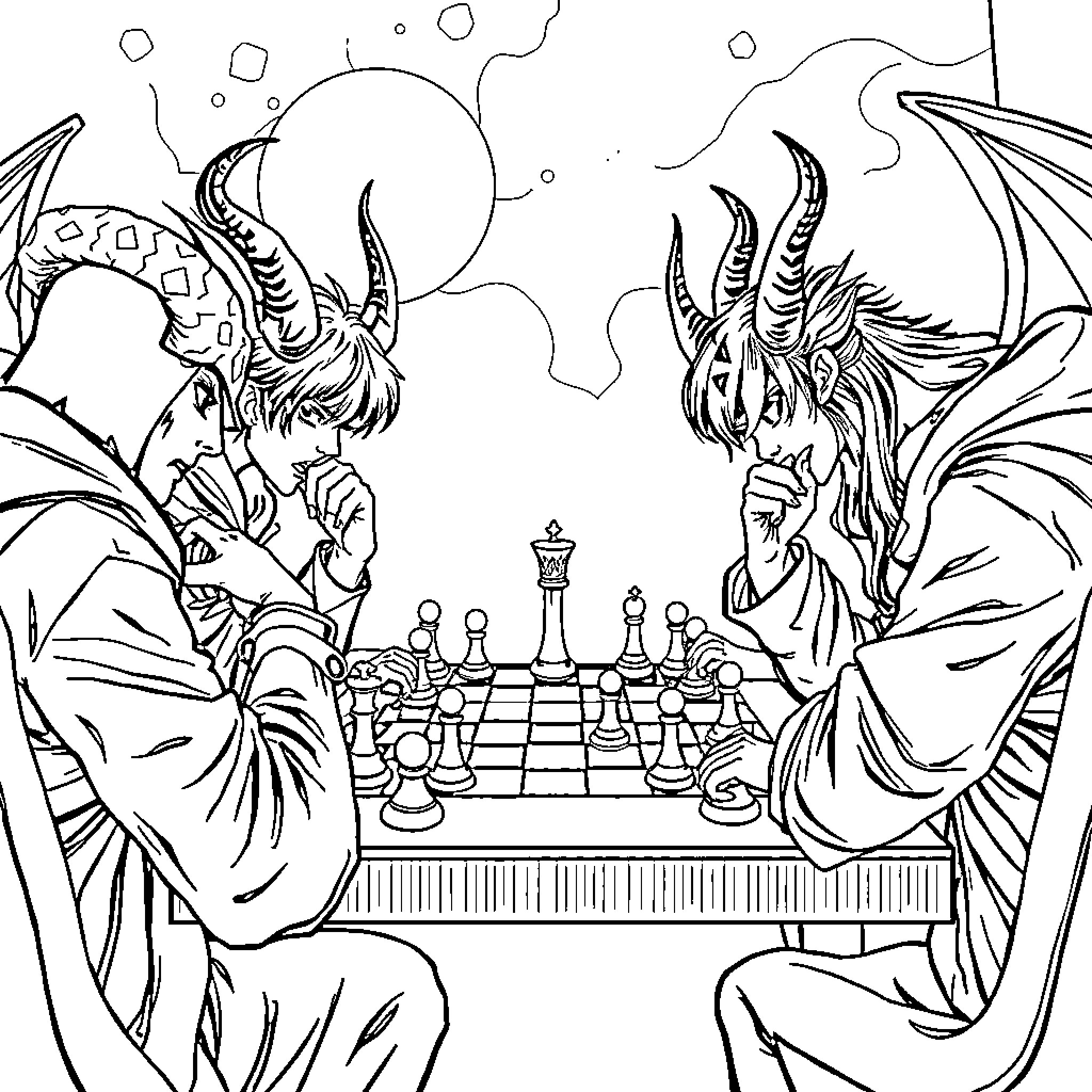 Demon Hunter Engaged in a Tactical Chess Match Coloring Page (free black-and-white line drawing printable PDF for all, from beginners to advanced learners, including children, teens, adults, and seniors)