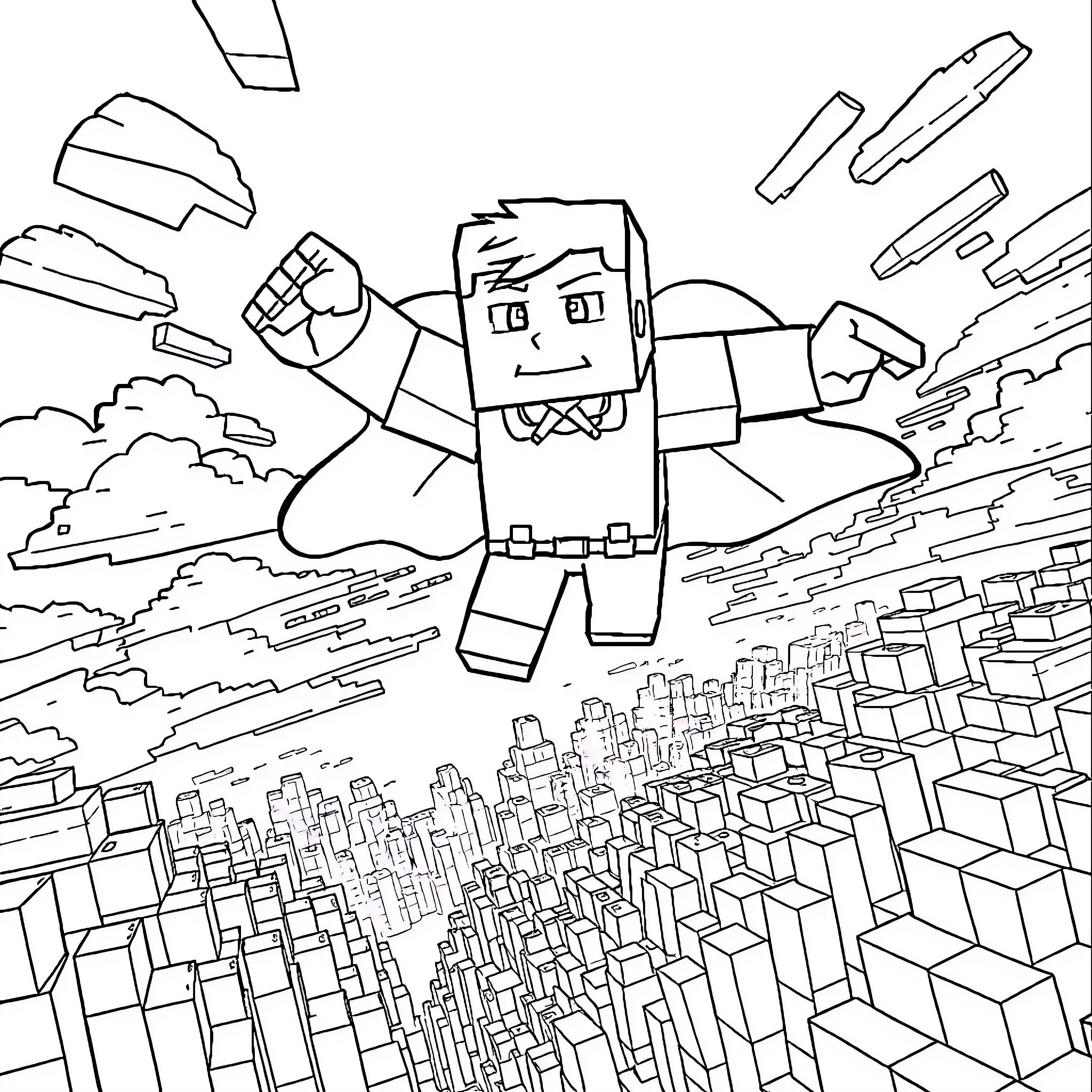 Steve's Heroic Adventure in the City Coloring Page (free black-and-white line drawing printable PDF for all, from beginners to advanced learners, including children, teens, adults, and seniors)