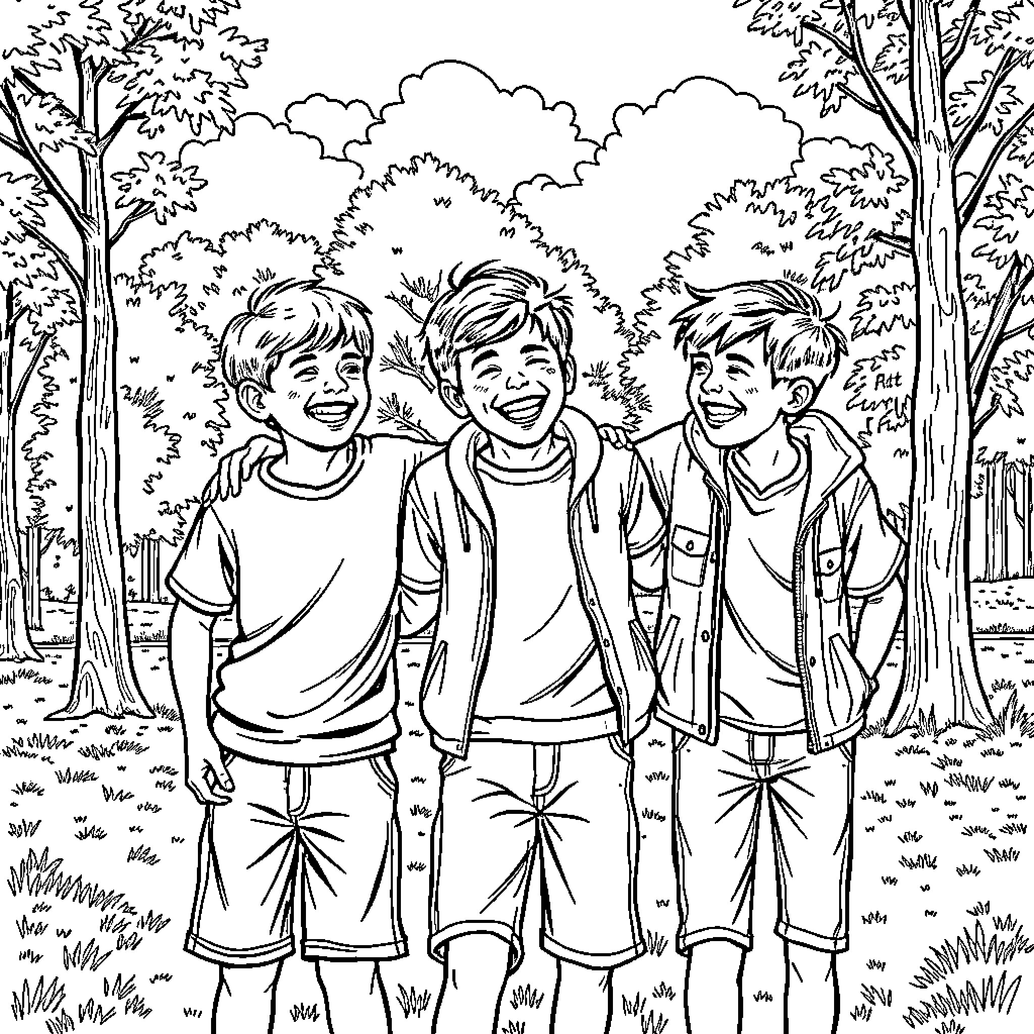 Boy friends laughing and enjoying outdoors Coloring Page (free black-and-white line drawing printable PDF for all, from beginners to advanced learners, including children, teens, adults, and seniors)