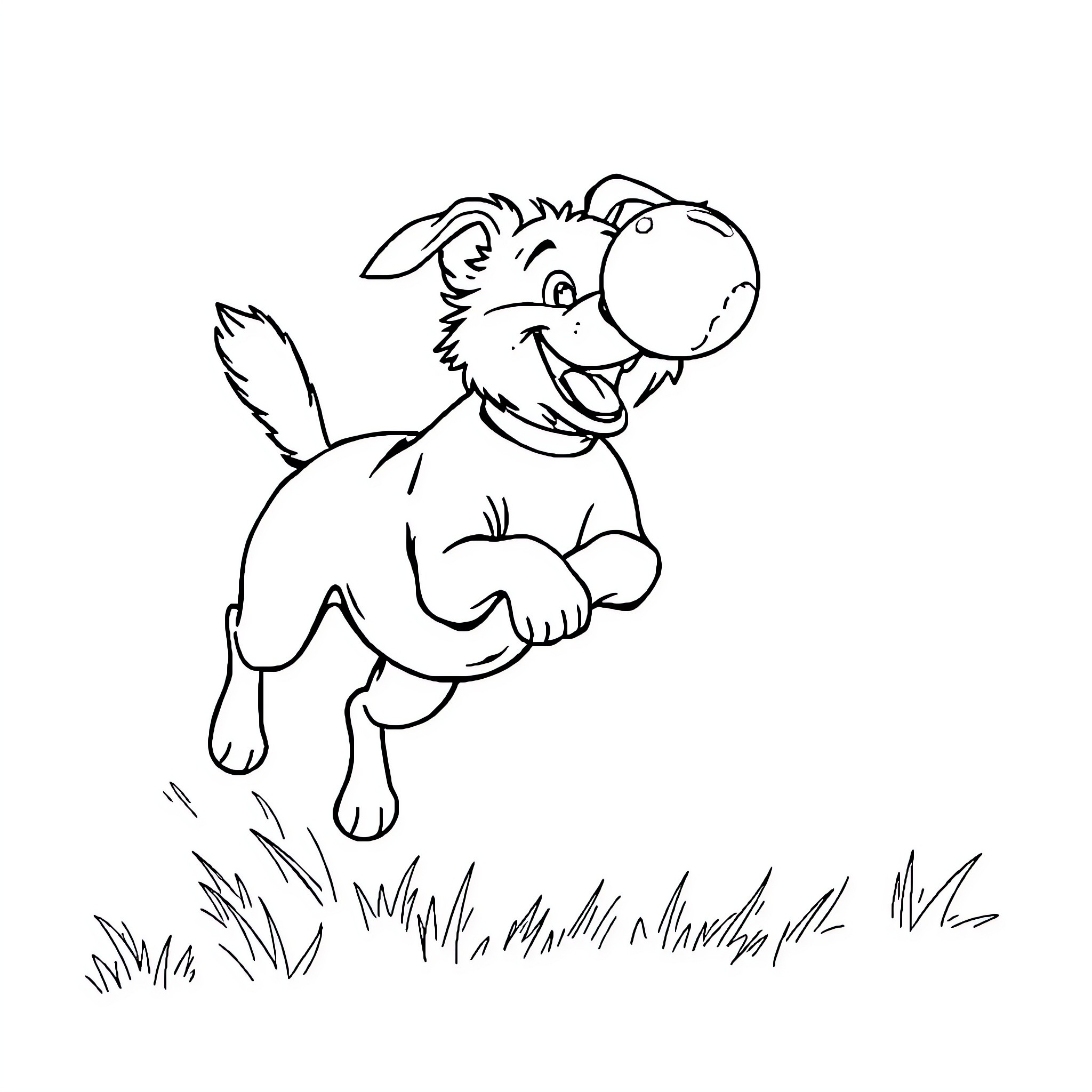 Dog happily jumping in the field Coloring Page (free black-and-white line drawing printable PDF for all, from beginners to advanced learners, including children, teens, adults, and seniors)