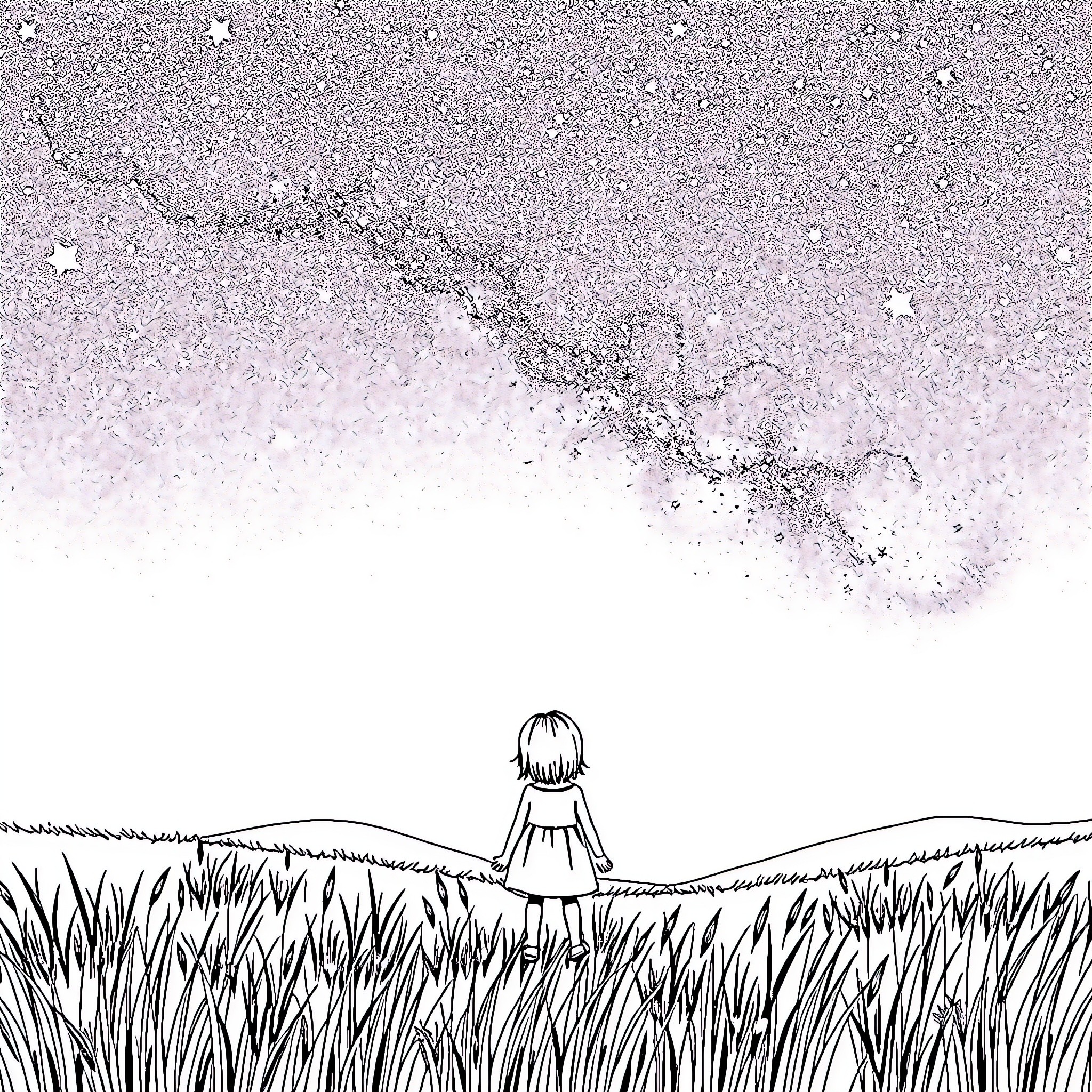 Girl sitting alone in a field under the night sky Coloring Page (free black-and-white line drawing printable PDF for all, from beginners to advanced learners, including children, teens, adults, and seniors)
