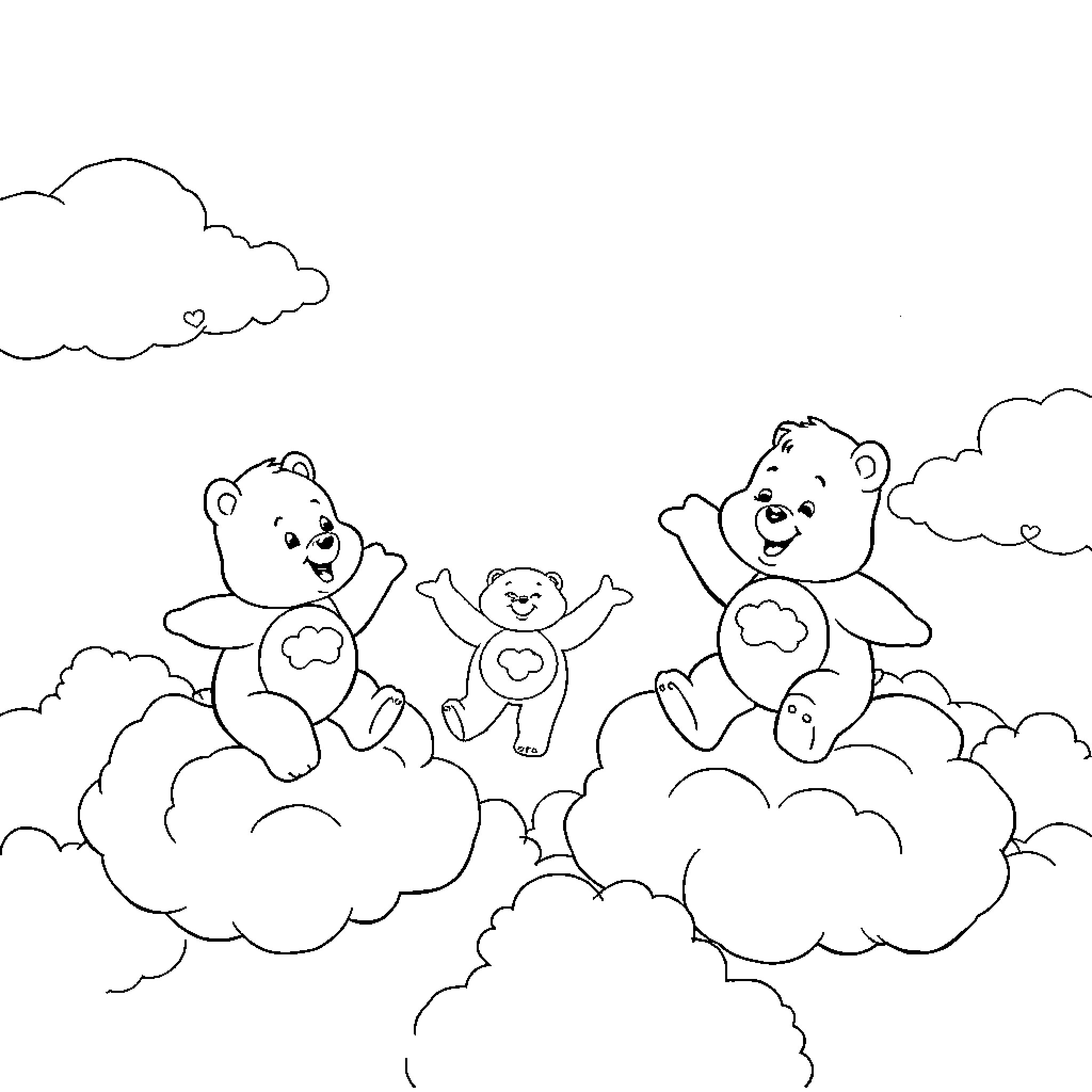 Care Bears playing joyfully on the clouds Coloring Page (free black-and-white line drawing printable PDF for all, from beginners to advanced learners, including children, teens, adults, and seniors)