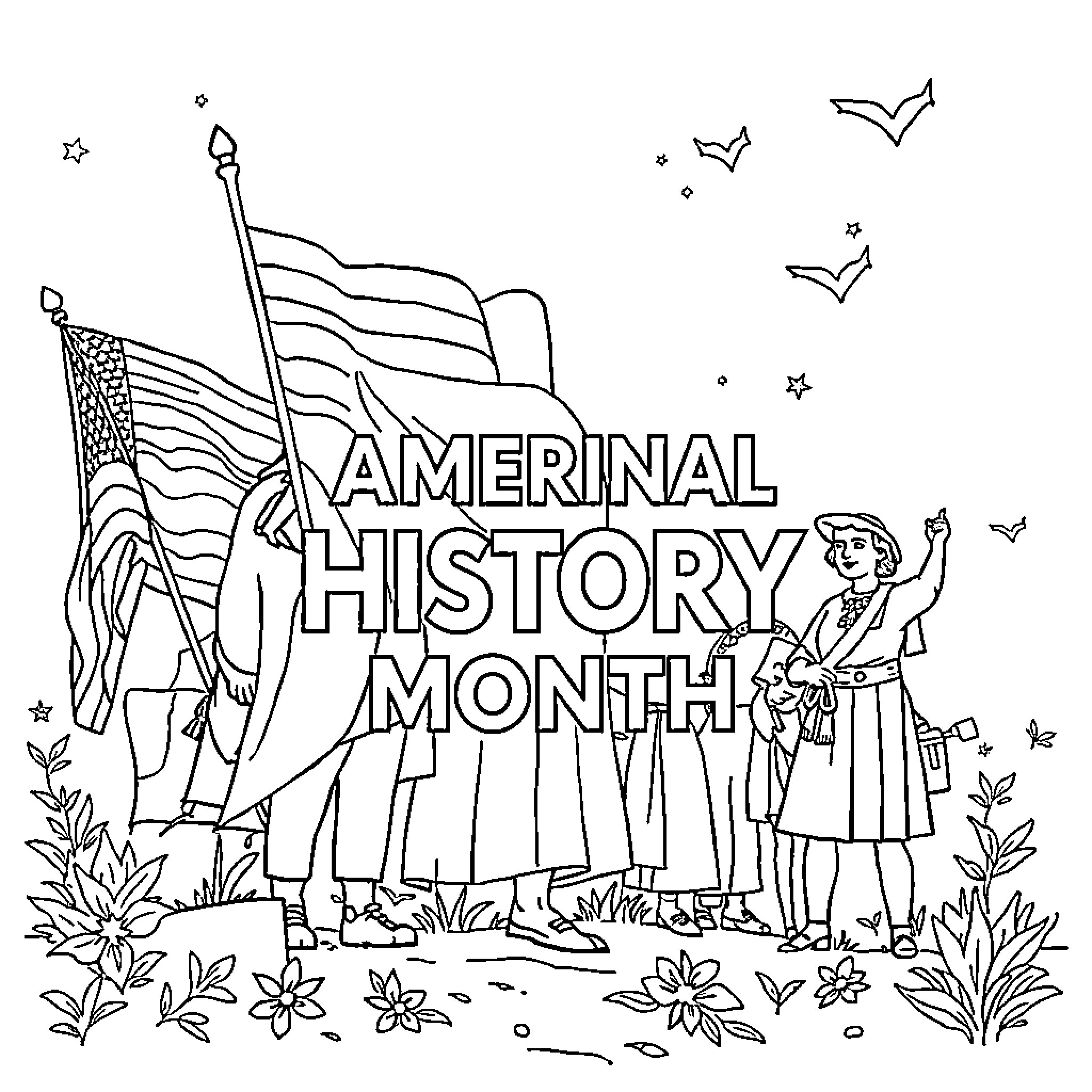 History of American Celebration and Symbols Coloring Page (free black-and-white line drawing printable PDF for all, from beginners to advanced learners, including children, teens, adults, and seniors)