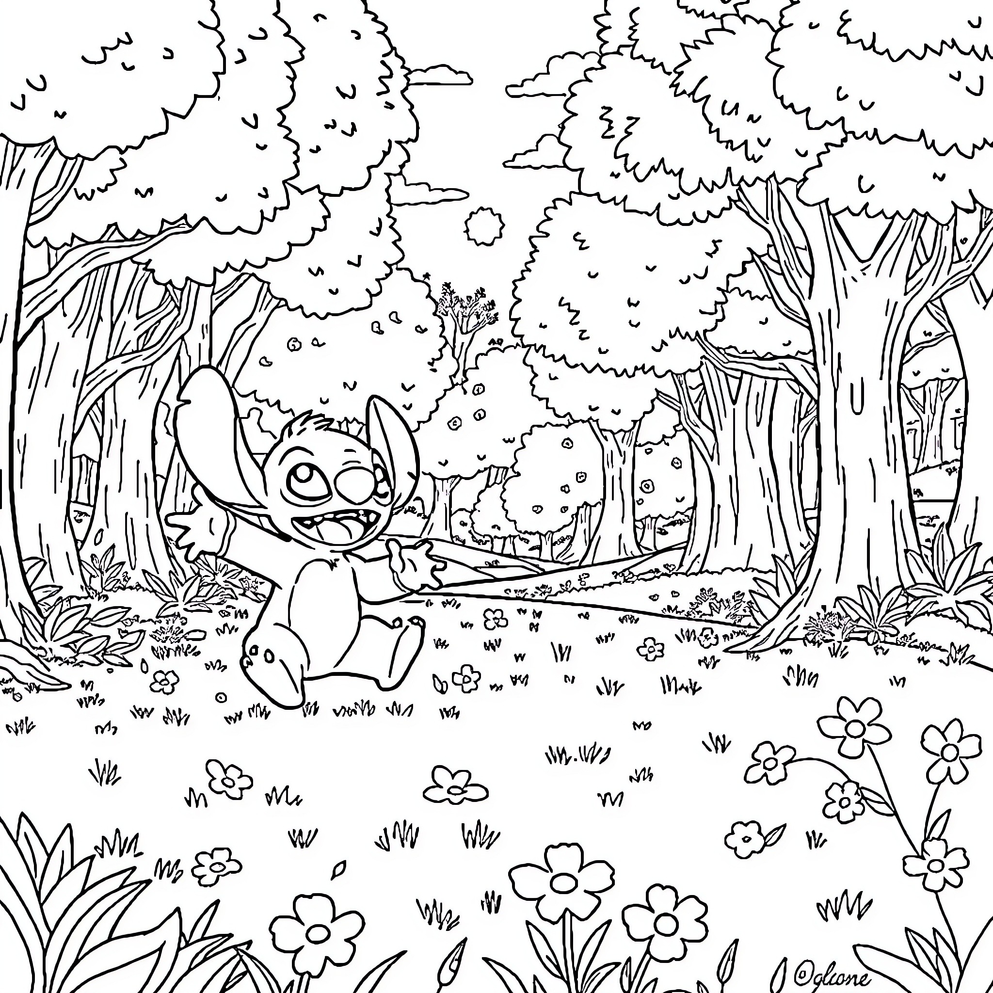 Stitch exploring the enchanted forest Coloring Page (free black-and-white line drawing printable PDF for all, from beginners to advanced learners, including children, teens, adults, and seniors)