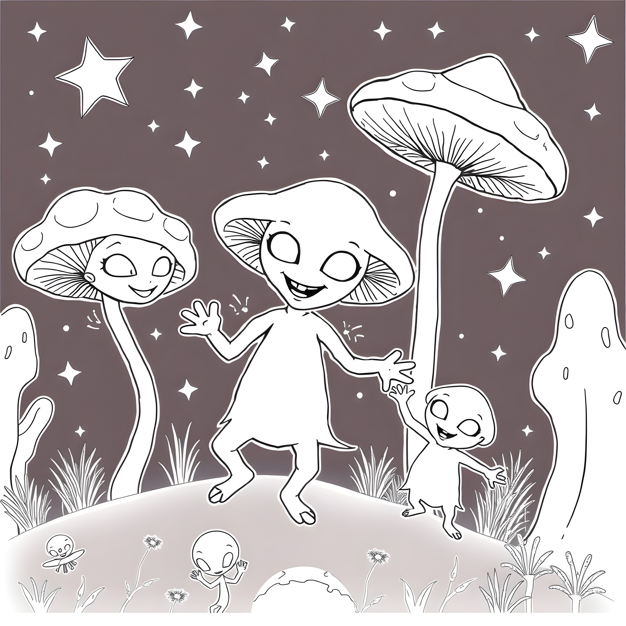 Alien mushroom creatures dance under the starry sky Coloring Page (free black-and-white line drawing printable PDF for all, from beginners to advanced learners, including children, teens, adults, and seniors)