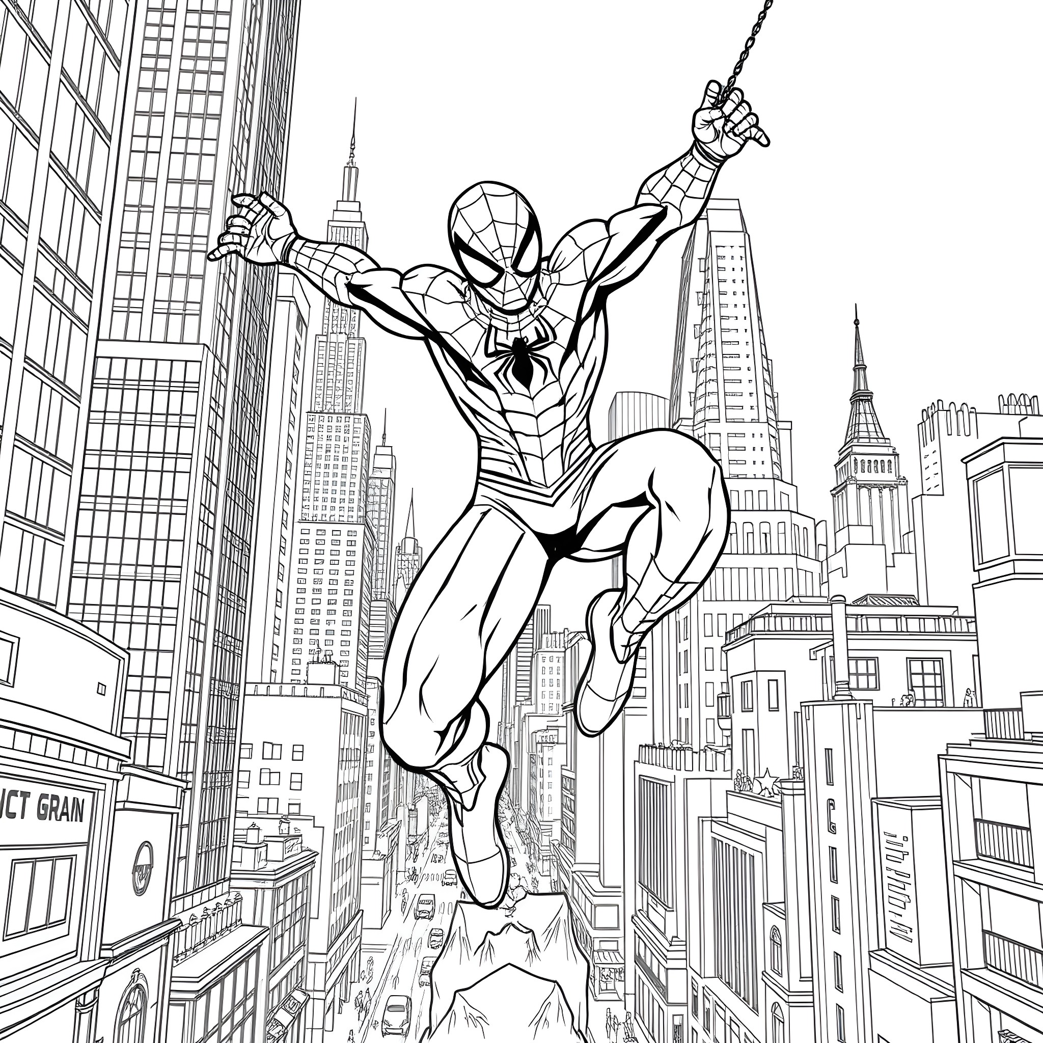 Spiderman swinging through the cityscape Coloring Page (free black-and-white line drawing printable PDF for all, from beginners to advanced learners, including children, teens, adults, and seniors)
