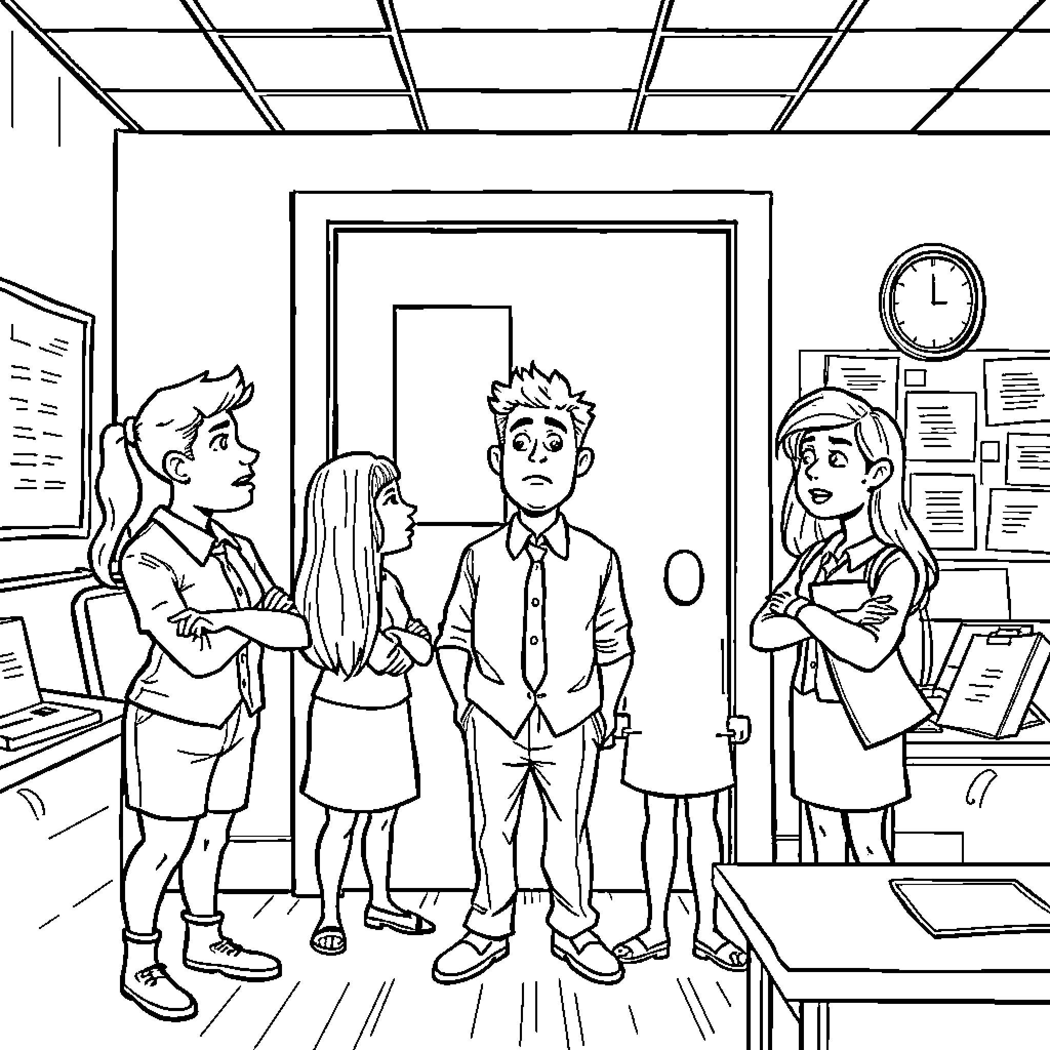 Teacher in the classroom with students Coloring Page (free black-and-white line drawing printable PDF for all, from beginners to advanced learners, including children, teens, adults, and seniors)