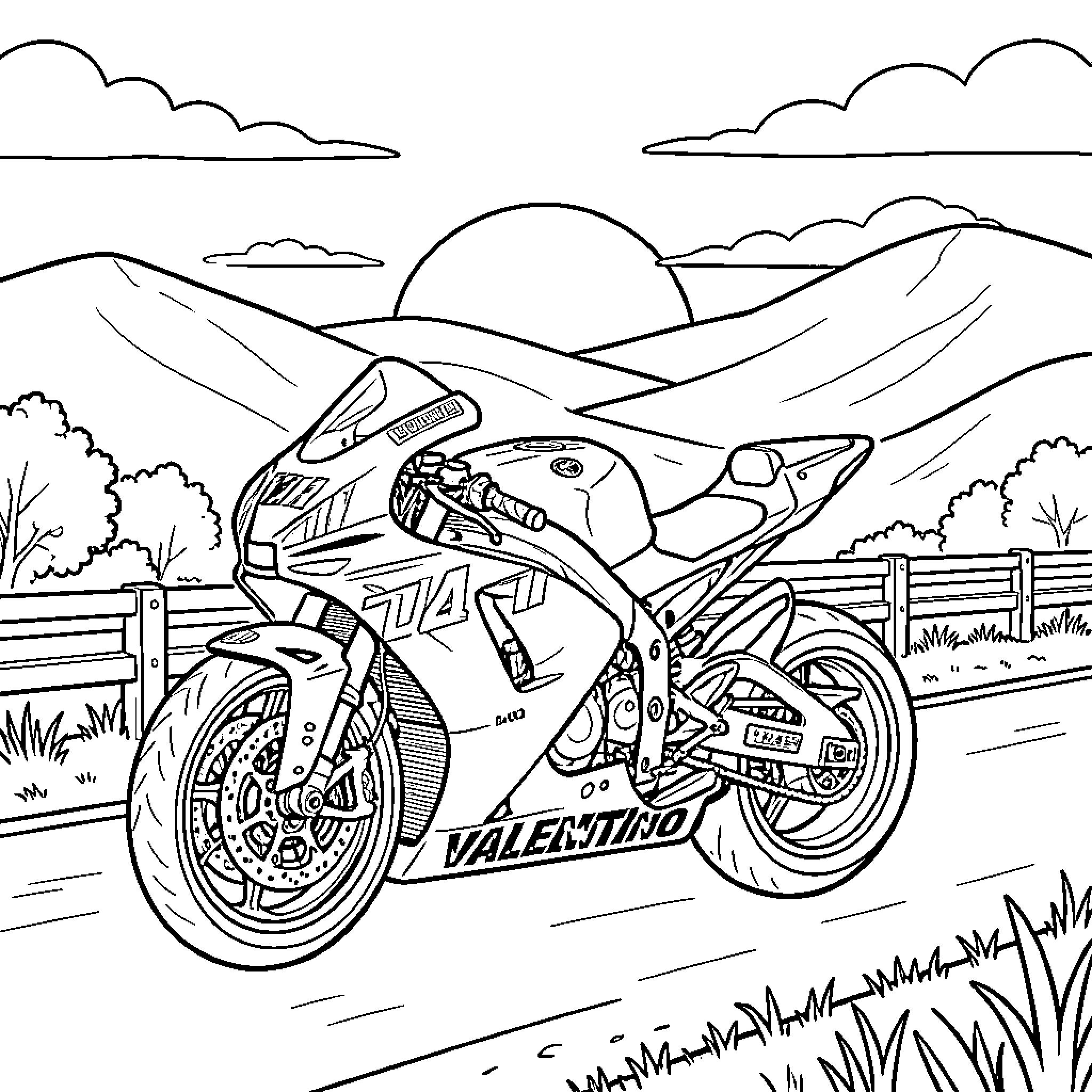 Moto racing bike speeding through a scenic landscape Coloring Page (free black-and-white line drawing printable PDF for all, from beginners to advanced learners, including children, teens, adults, and seniors)