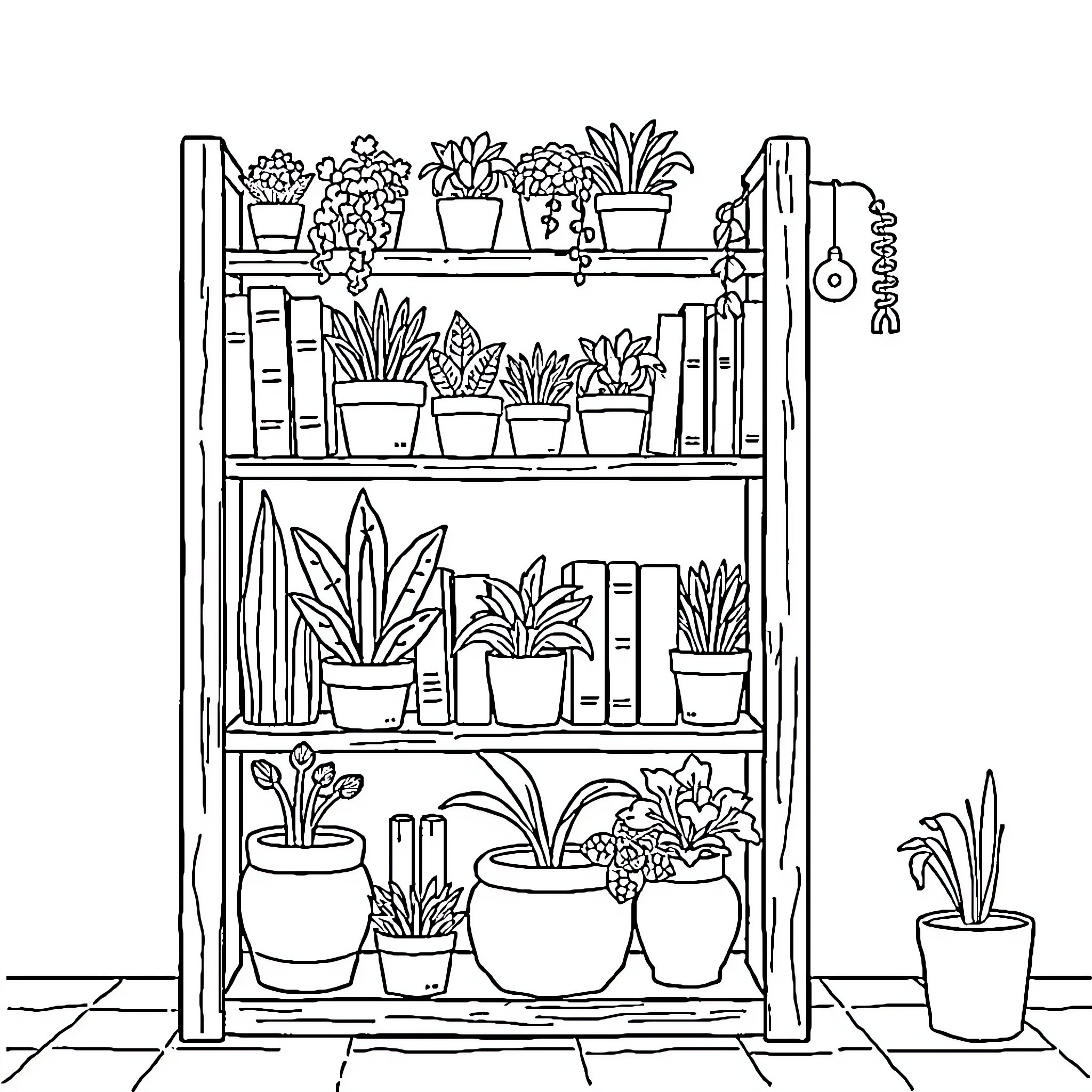 Bookshelf with Flourishing Plants and Potted Greenery Coloring Page (free black-and-white line drawing printable PDF for all, from beginners to advanced learners, including children, teens, adults, and seniors)