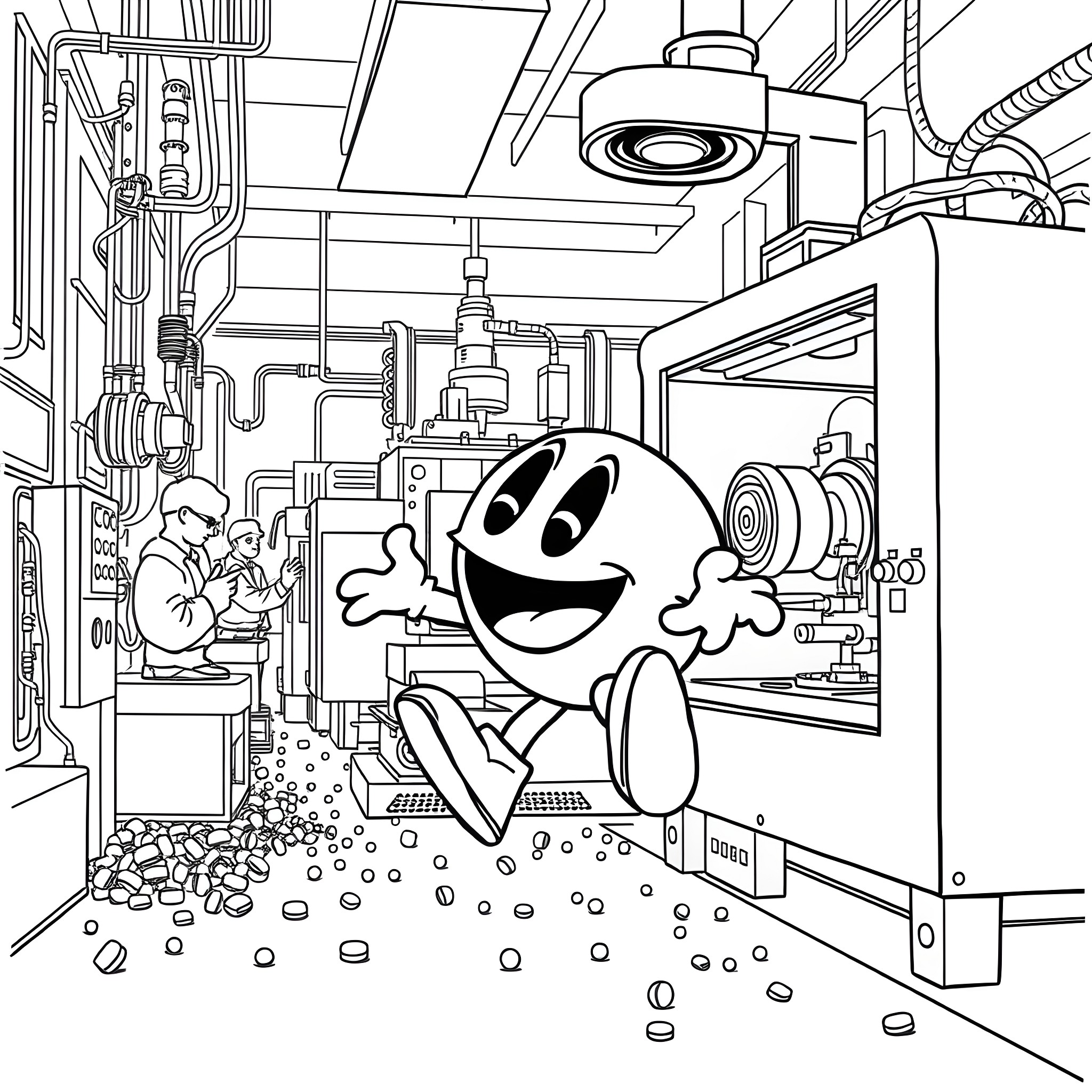 Pacman maneuvering through industrial machinery Coloring Page (free black-and-white line drawing printable PDF for all, from beginners to advanced learners, including children, teens, adults, and seniors)