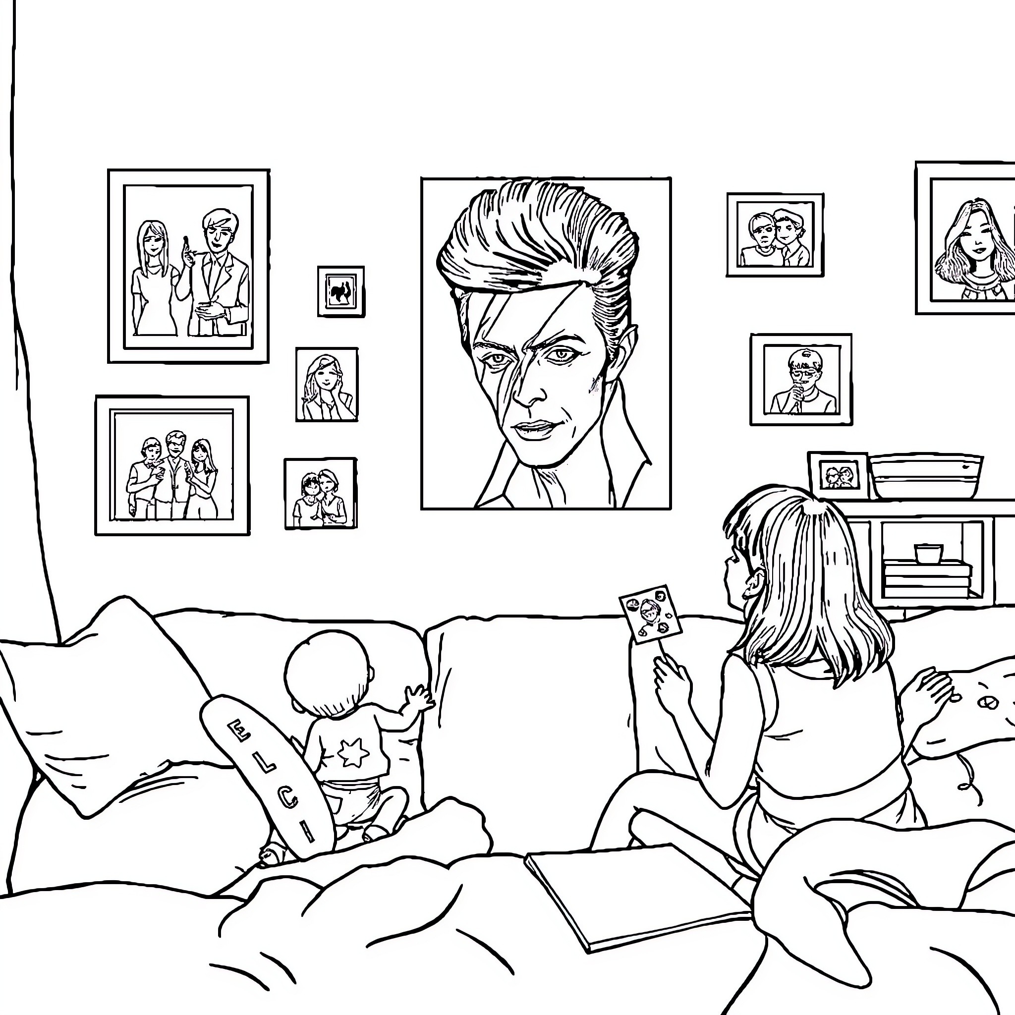 David Bowie: Iconic Portraits in a Cozy Home Setting Coloring Page (free black-and-white line drawing printable PDF for all, from beginners to advanced learners, including children, teens, adults, and seniors)