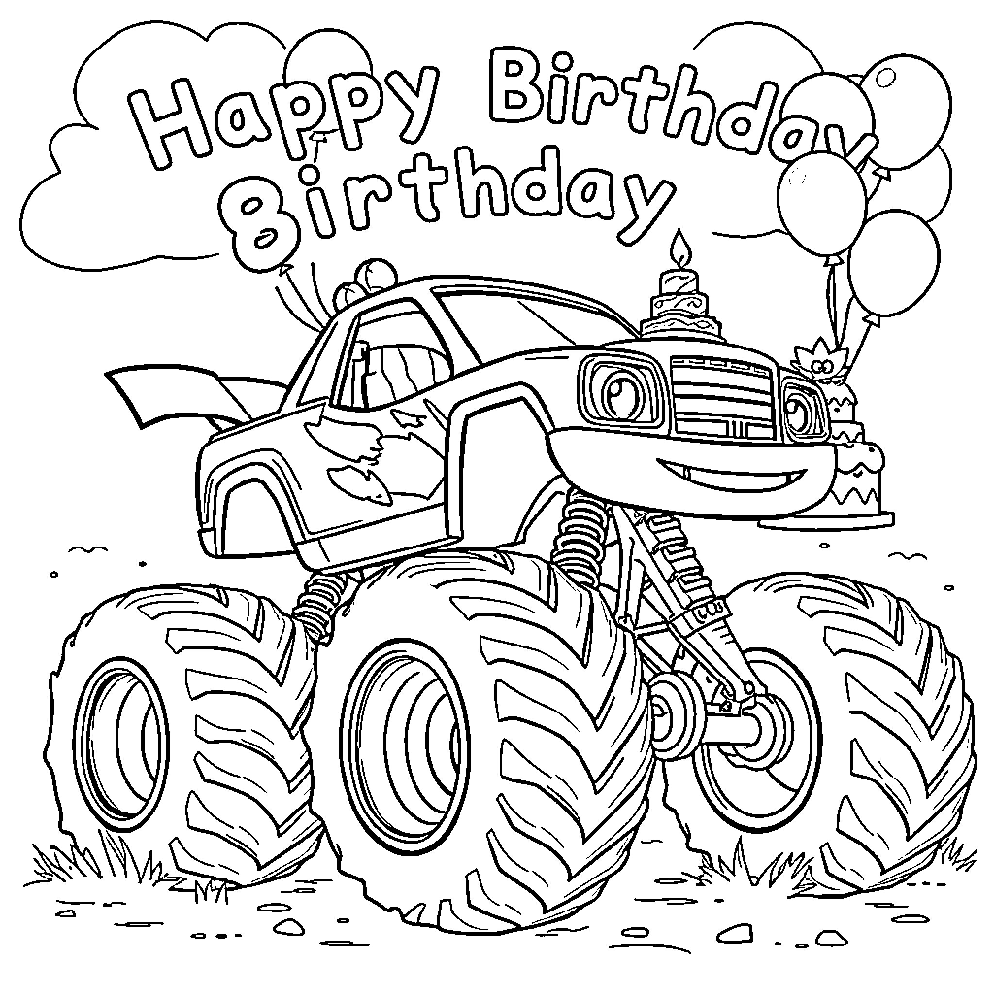 Monster Truck Celebrating Happy Birthday Coloring Page (free black-and-white line drawing printable PDF for all, from beginners to advanced learners, including children, teens, adults, and seniors)