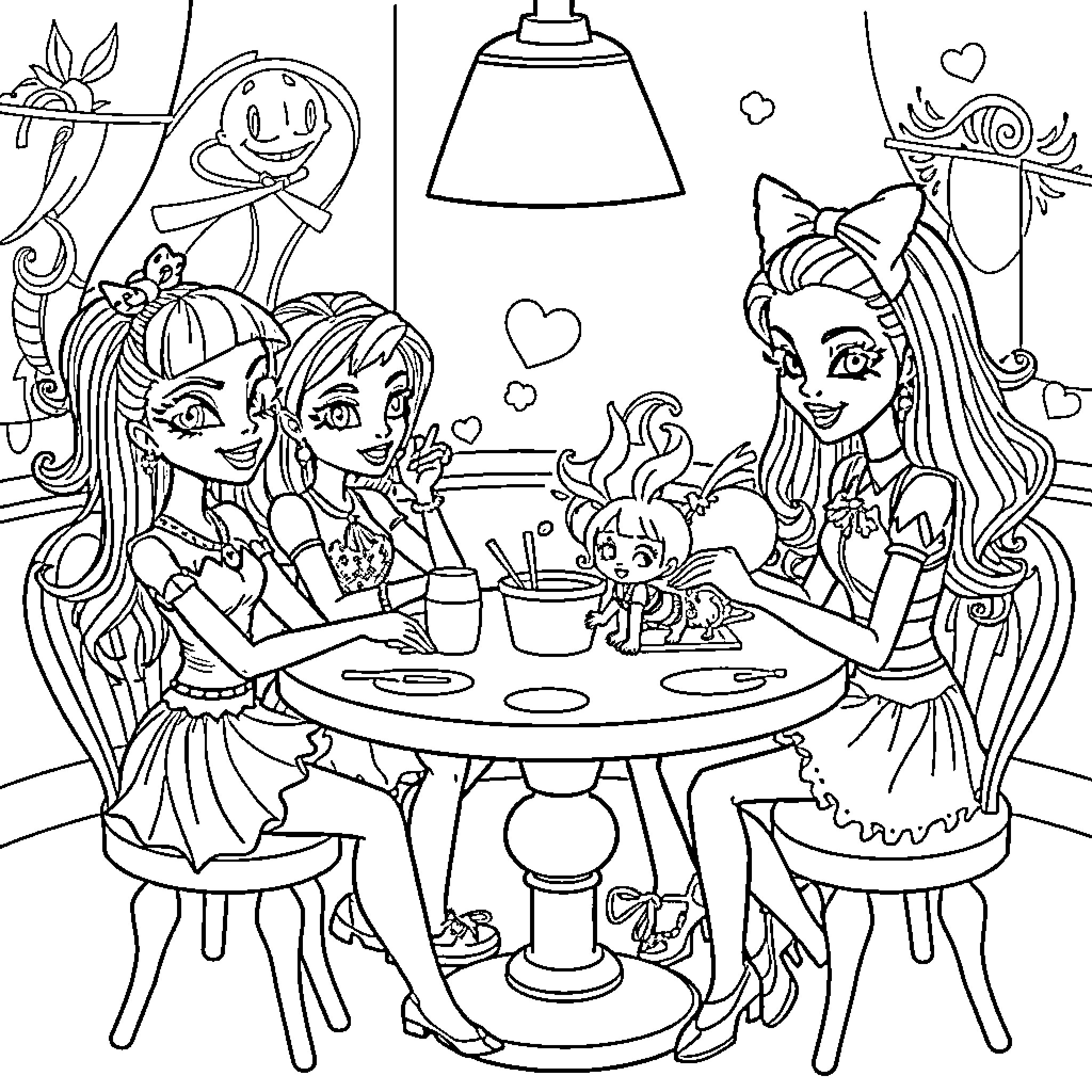 Monster High: Girls Enjoying a Friendly Tea Party Coloring Page (free black-and-white line drawing printable PDF for all, from beginners to advanced learners, including children, teens, adults, and seniors)