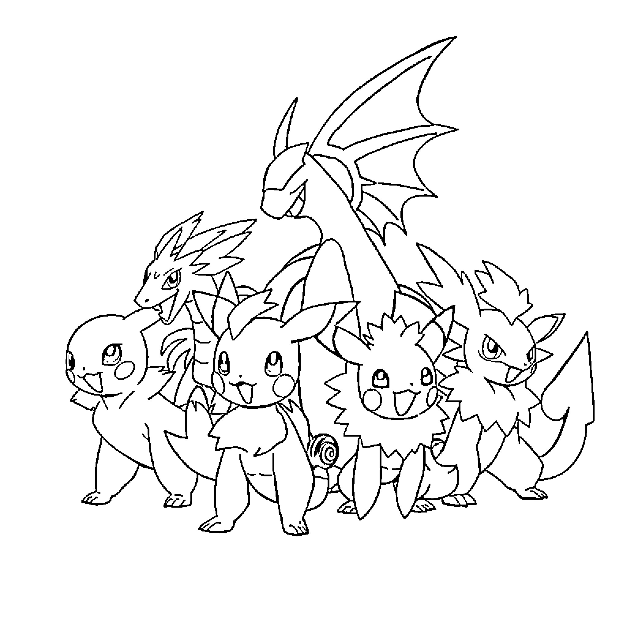 Pokémon characters in an outgoing group pose Coloring Page (free black-and-white line drawing printable PDF for all, from beginners to advanced learners, including children, teens, adults, and seniors)