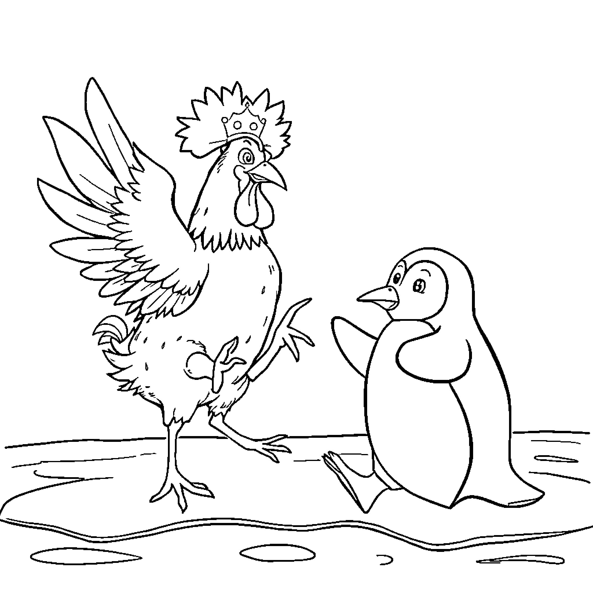 Chicken and Penguin Interacting Coloring Page (free black-and-white line drawing printable PDF for all, from beginners to advanced learners, including children, teens, adults, and seniors)
