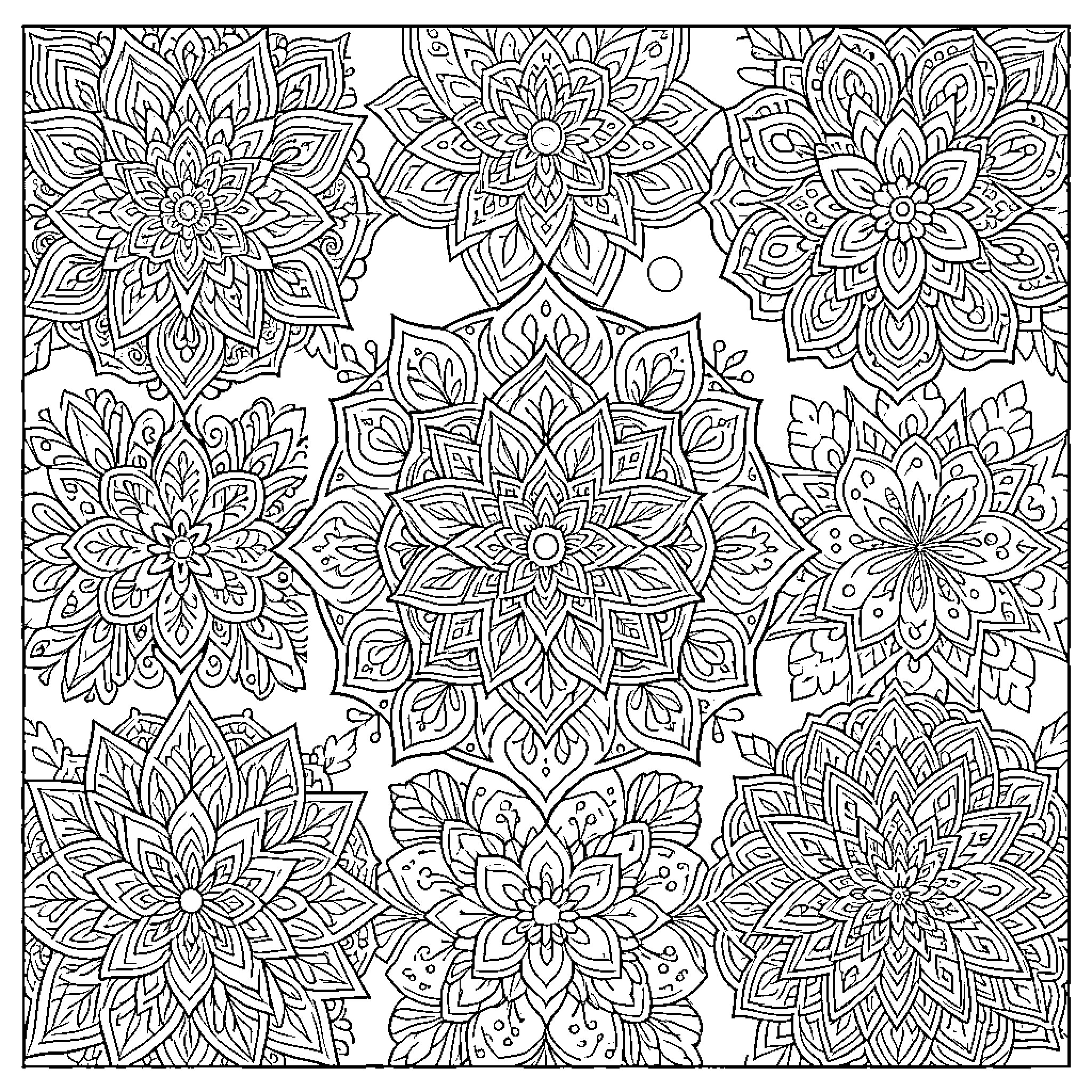 Mandalas Filled with Intricate Floral Designs Coloring Page (free black-and-white line drawing printable PDF for all, from beginners to advanced learners, including children, teens, adults, and seniors)