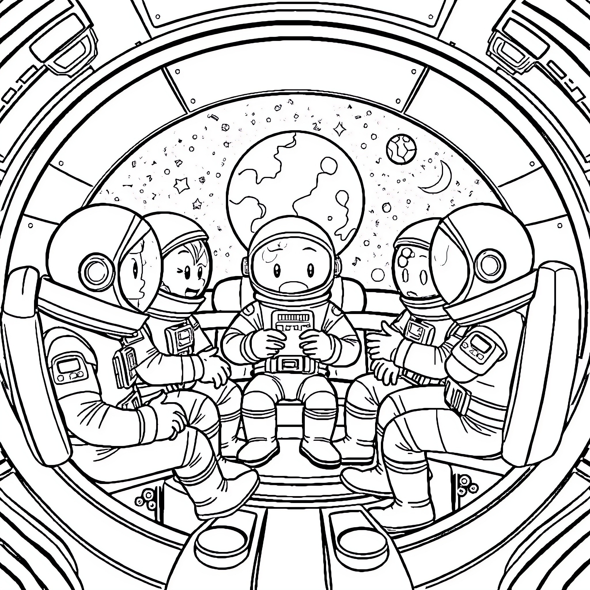 Among Us Astronauts Exploring the Cosmos Coloring Page (free black-and-white line drawing printable PDF for all, from beginners to advanced learners, including children, teens, adults, and seniors)