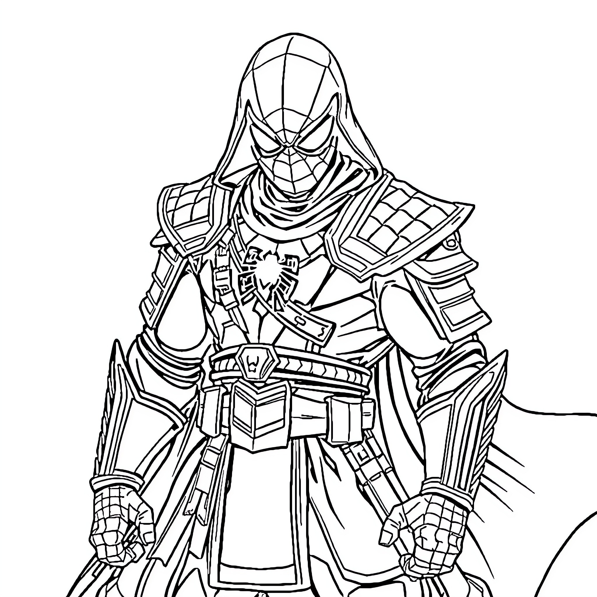 Spider-Man in Heroic Pose with Armored Gear Coloring Page (free black-and-white line drawing printable PDF for all, from beginners to advanced learners, including children, teens, adults, and seniors)