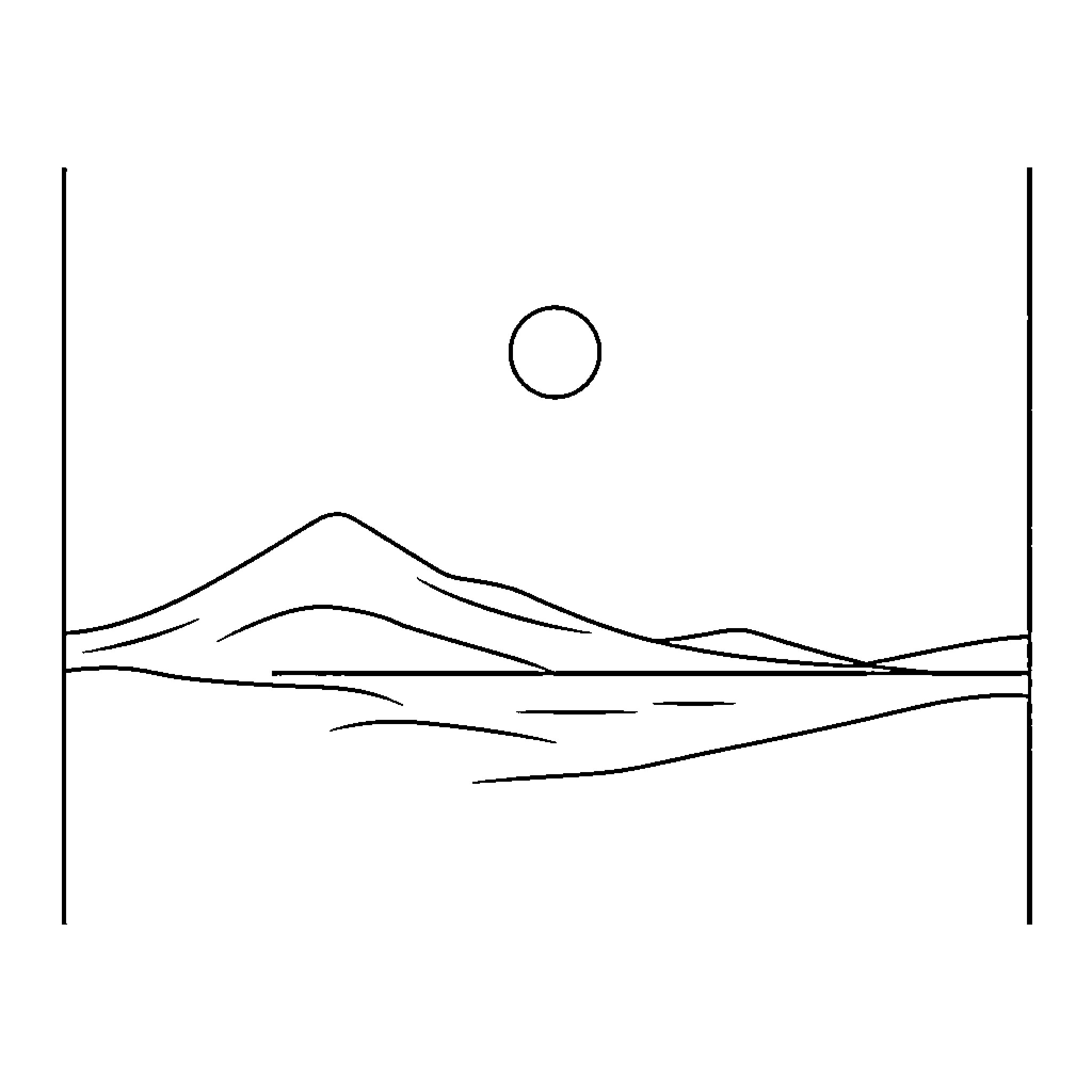 Landscape with mountains and a sun Coloring Page (free black-and-white line drawing printable PDF for all, from beginners to advanced learners, including children, teens, adults, and seniors)