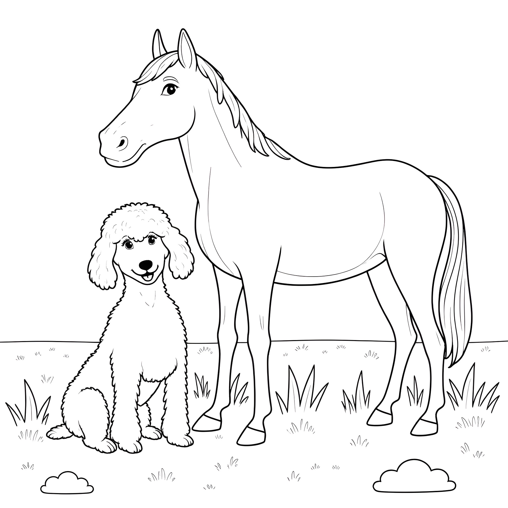 Poodle and Horse in a Grassy Field Coloring Page (free black-and-white line drawing printable PDF for all, from beginners to advanced learners, including children, teens, adults, and seniors)