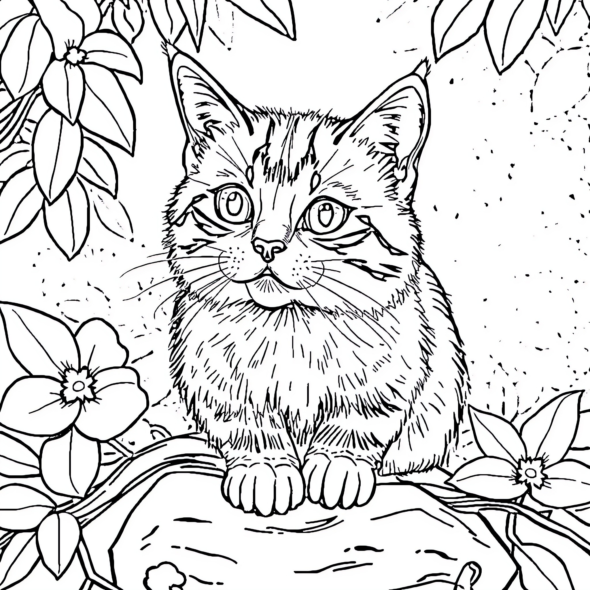 Cat in Floral Garden Coloring Page (free black-and-white line drawing printable PDF for all, from beginners to advanced learners, including children, teens, adults, and seniors)