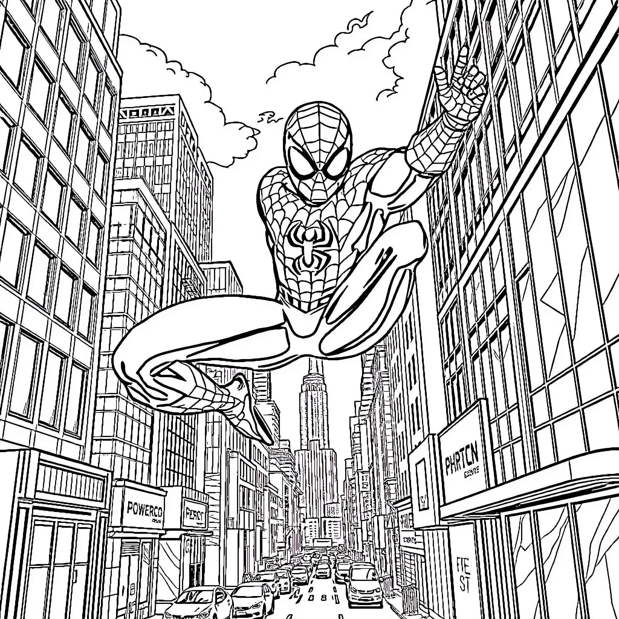 Spider-Man swinging heroically through the city Coloring Page (free black-and-white line drawing printable PDF for all, from beginners to advanced learners, including children, teens, adults, and seniors)