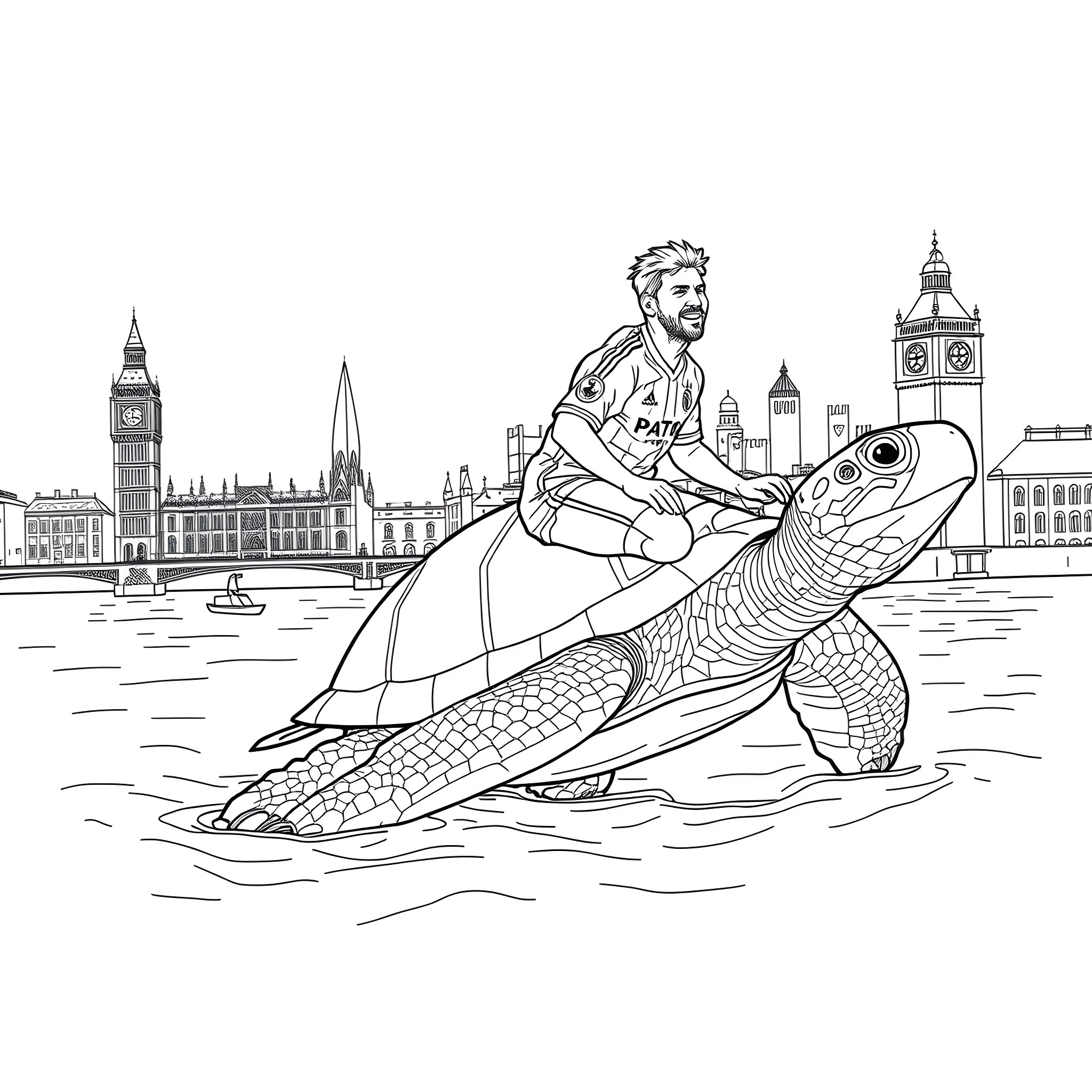Lionel Messi riding a giant turtle in London Coloring Page (free black-and-white line drawing printable PDF for all, from beginners to advanced learners, including children, teens, adults, and seniors)