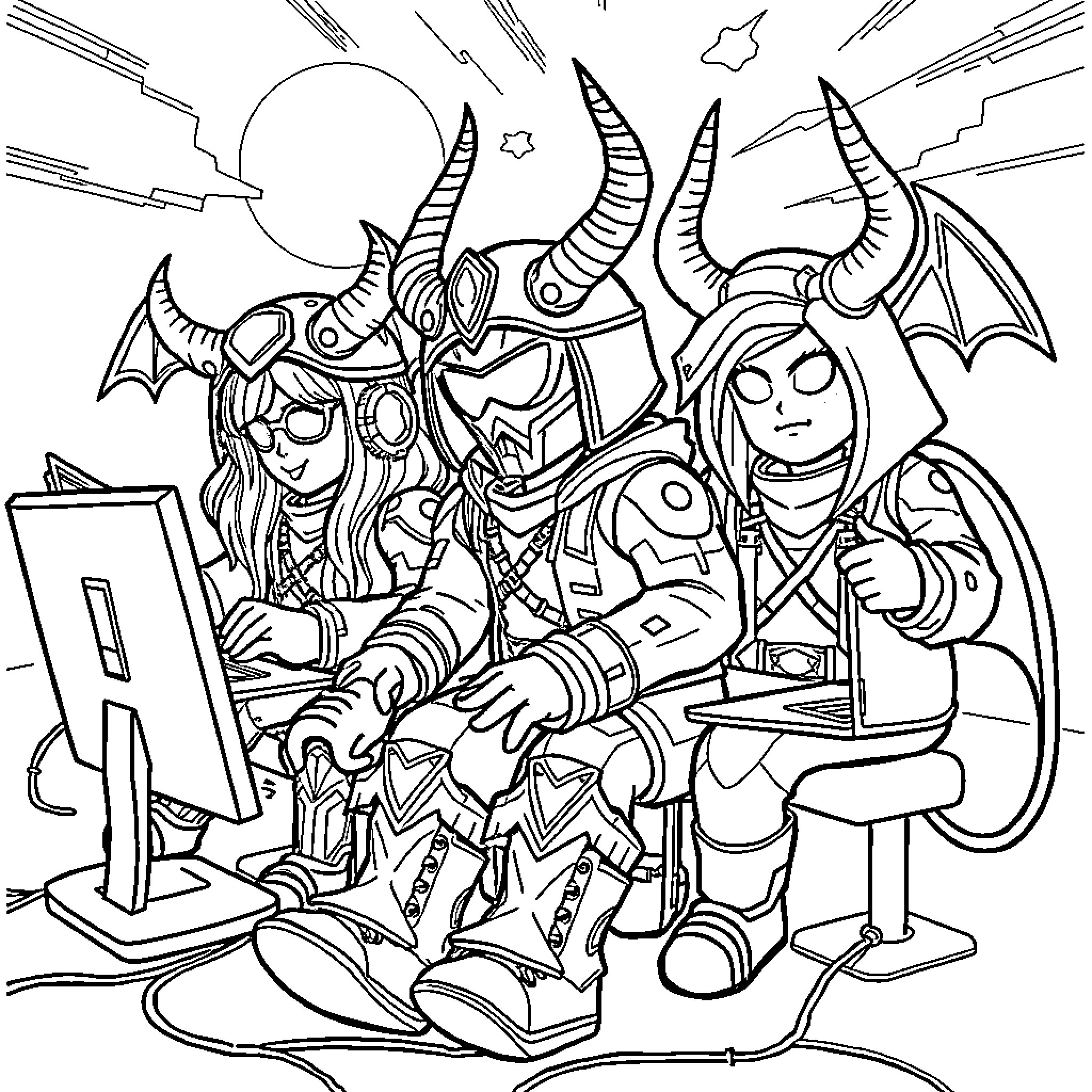Demon Hunter Battles Fearsome Foes with High-Tech Gear Coloring Page (free black-and-white line drawing printable PDF for all, from beginners to advanced learners, including children, teens, adults, and seniors)