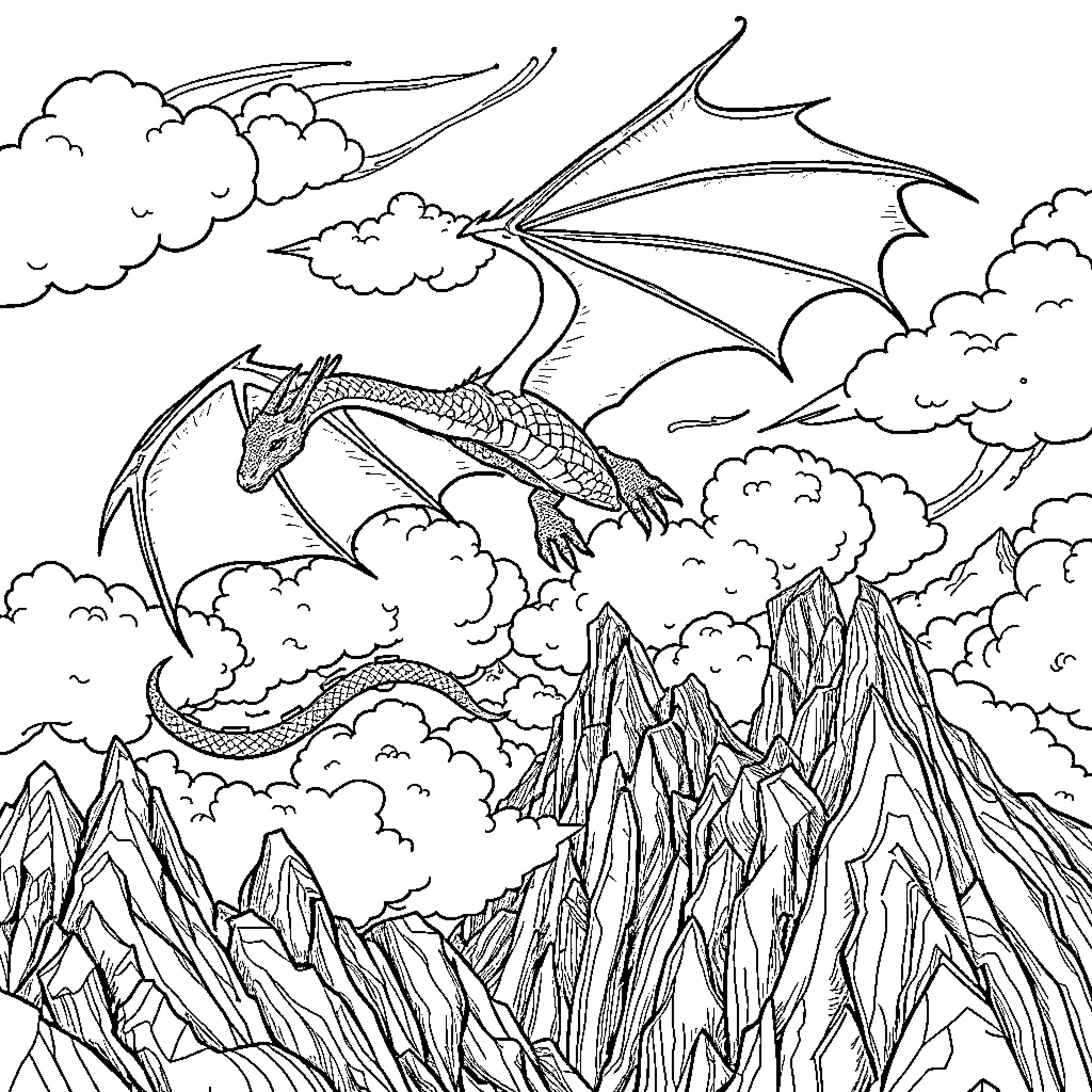 Dragon soaring over majestic mountain peaks Coloring Page (free black-and-white line drawing printable PDF for all, from beginners to advanced learners, including children, teens, adults, and seniors)