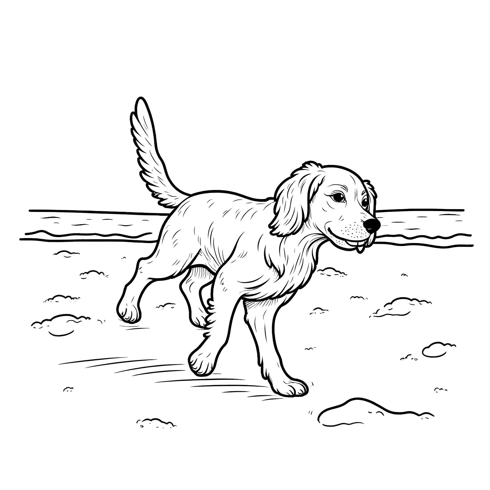 Cocker Spaniel frolicking on the beach Coloring Page (free black-and-white line drawing printable PDF for all, from beginners to advanced learners, including children, teens, adults, and seniors)