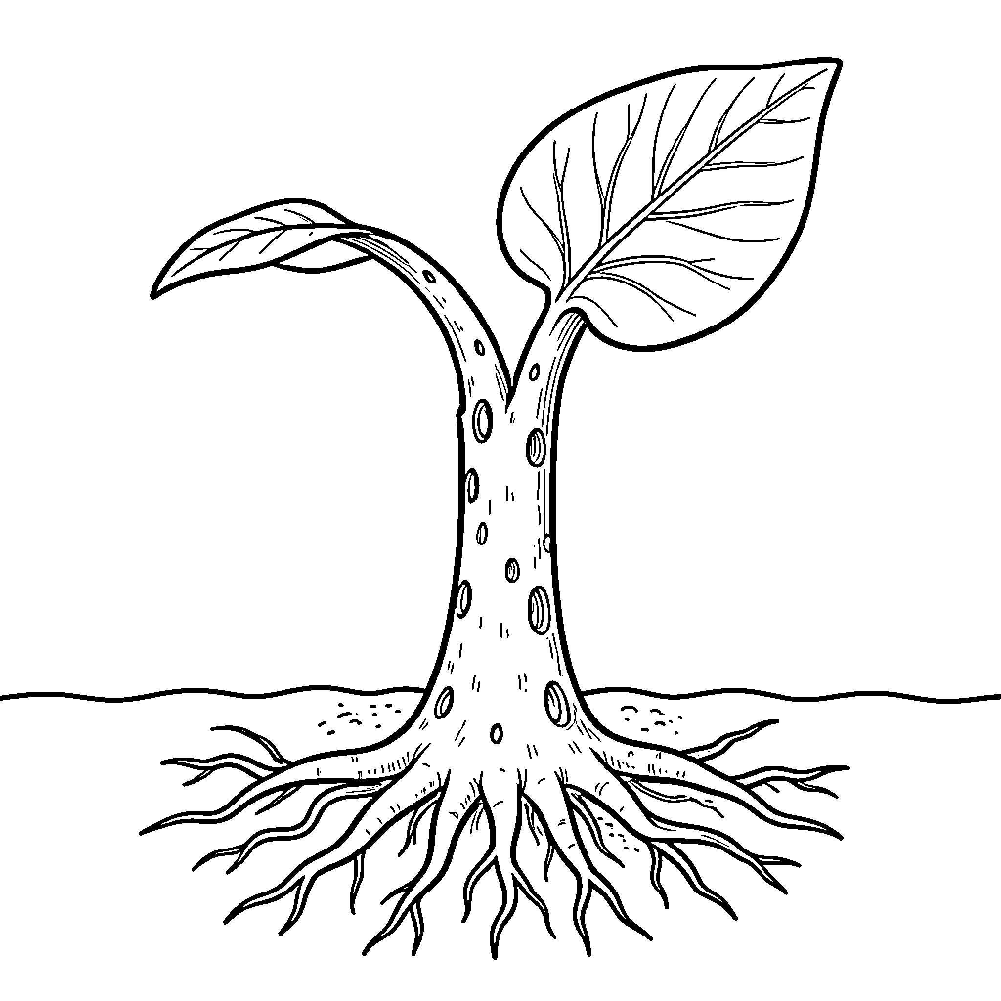Plant growing steadily from the soil with deep roots Coloring Page (free black-and-white line drawing printable PDF for all, from beginners to advanced learners, including children, teens, adults, and seniors)