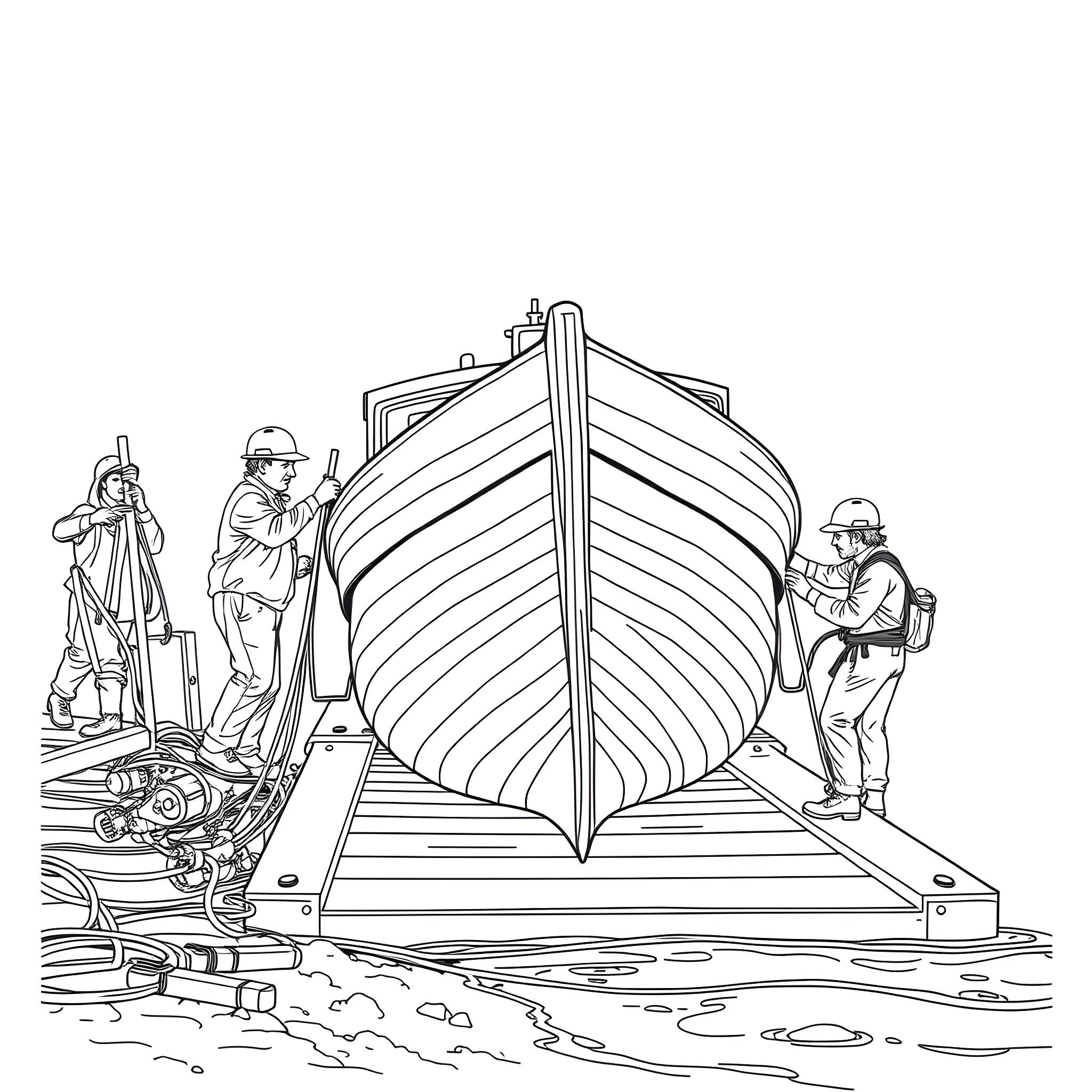 Worker constructing a large wooden boat Coloring Page (free black-and-white line drawing printable PDF for all, from beginners to advanced learners, including children, teens, adults, and seniors)