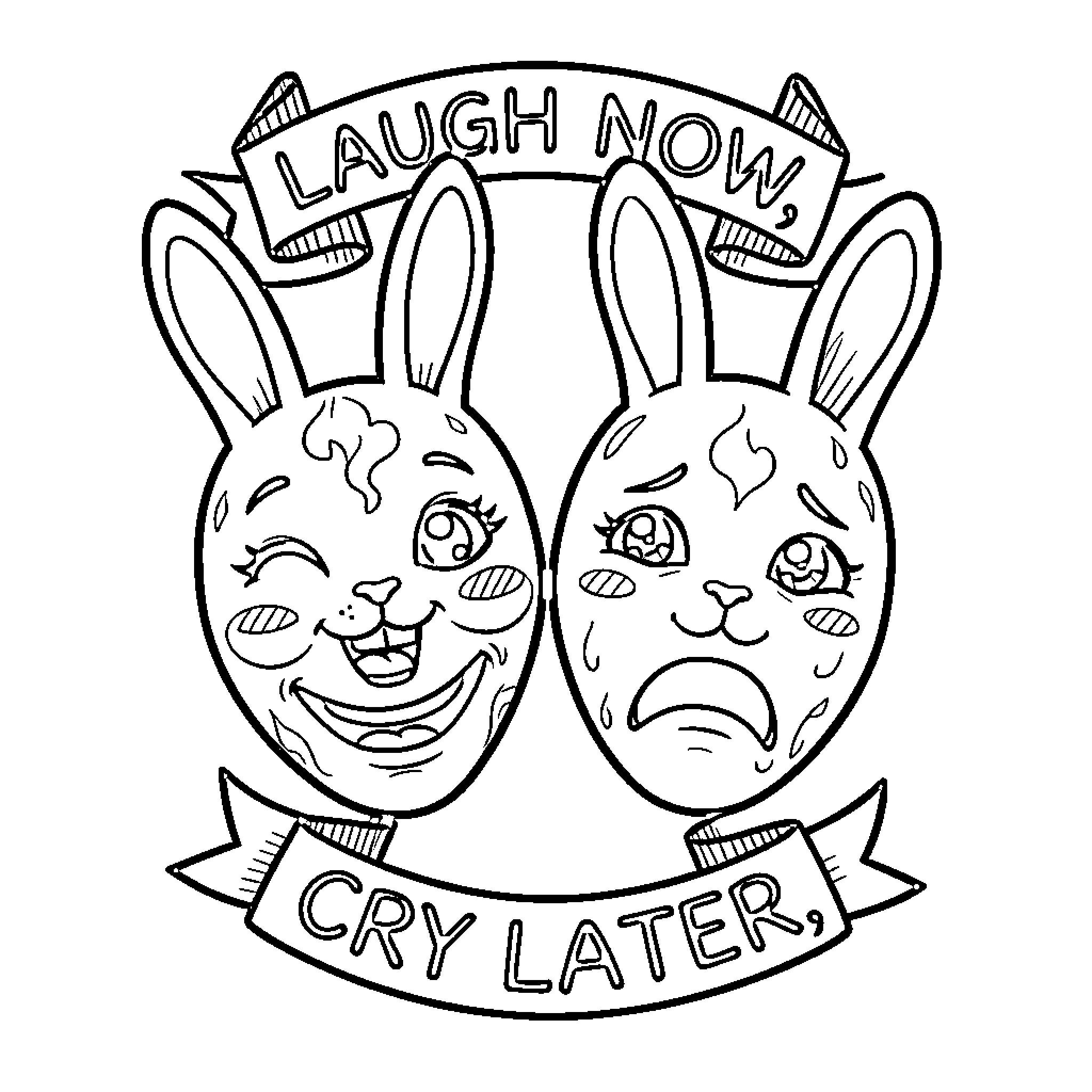 Rabbit Masks with Contrasting Expressions Coloring Page (free black-and-white line drawing printable PDF for all, from beginners to advanced learners, including children, teens, adults, and seniors)