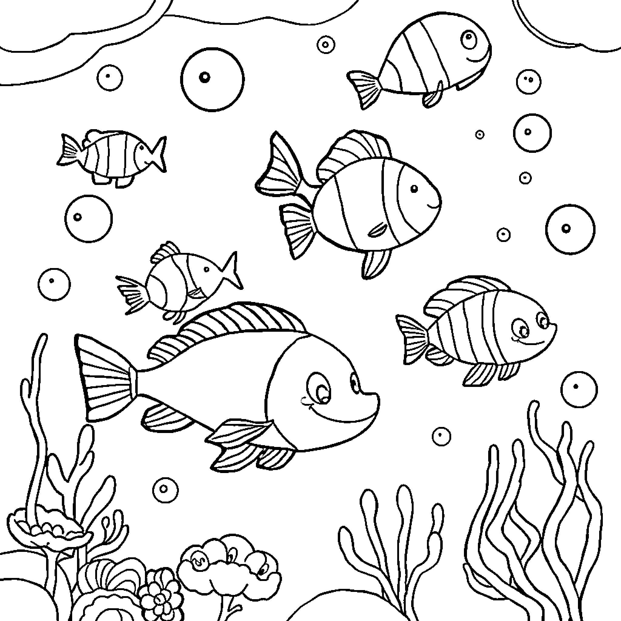 Sea Creatures swimming and playing in the ocean Coloring Page (free black-and-white line drawing printable PDF for all, from beginners to advanced learners, including children, teens, adults, and seniors)